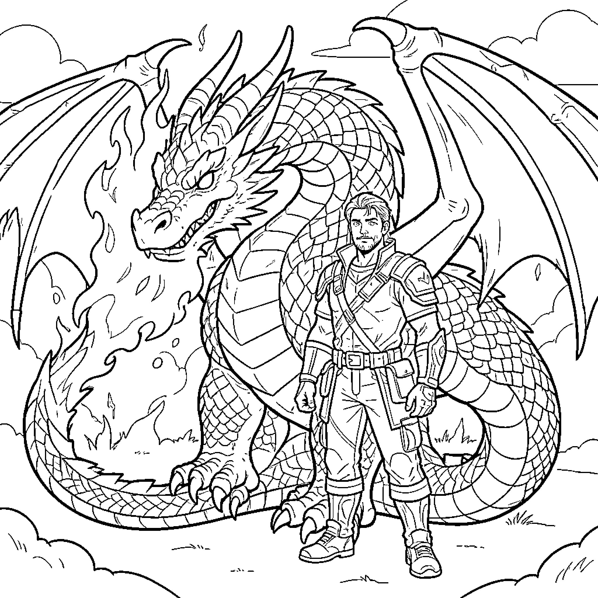 Dragon Trainer standing confidently with powerful dragon Coloring Page (free black-and-white line drawing printable PDF for all, from beginners to advanced learners, including children, teens, adults, and seniors)