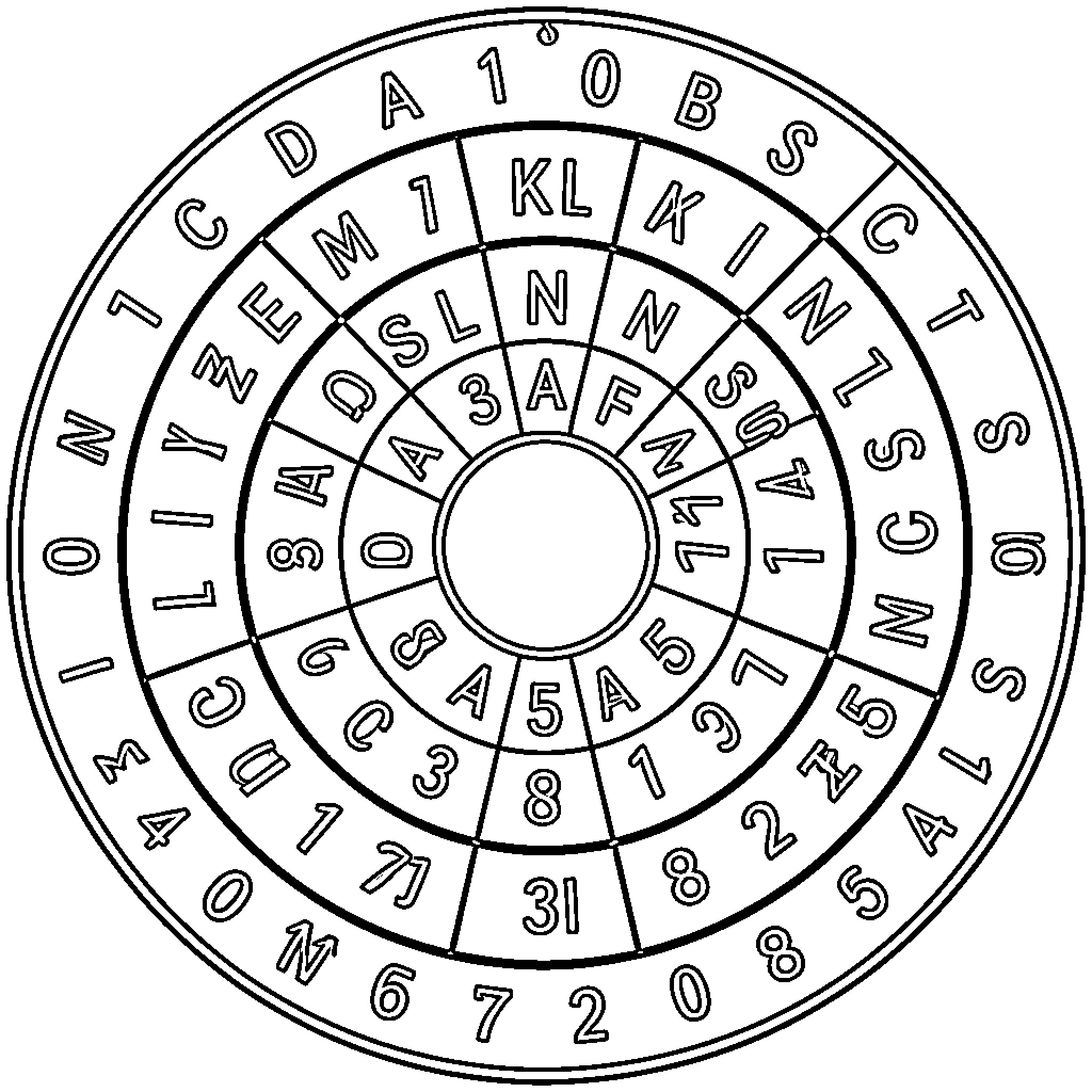Caesar Code Wheel with Alphabetical Letters and Numbers Coloring Page (free black-and-white line drawing printable PDF for all, from beginners to advanced learners, including children, teens, adults, and seniors)