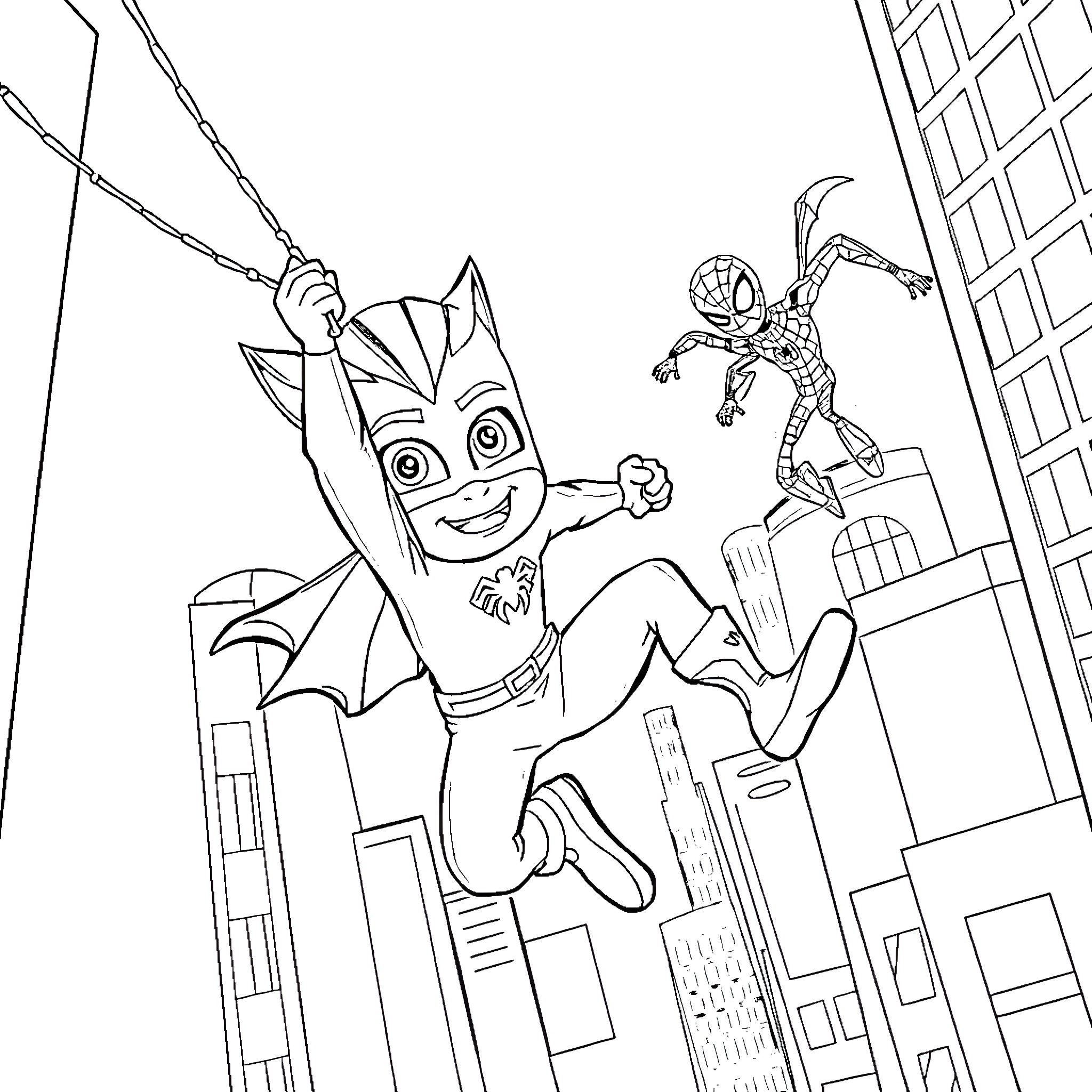 Romeo and Spiderman Swinging Through the City Coloring Page (free black-and-white line drawing printable PDF for all, from beginners to advanced learners, including children, teens, adults, and seniors)
