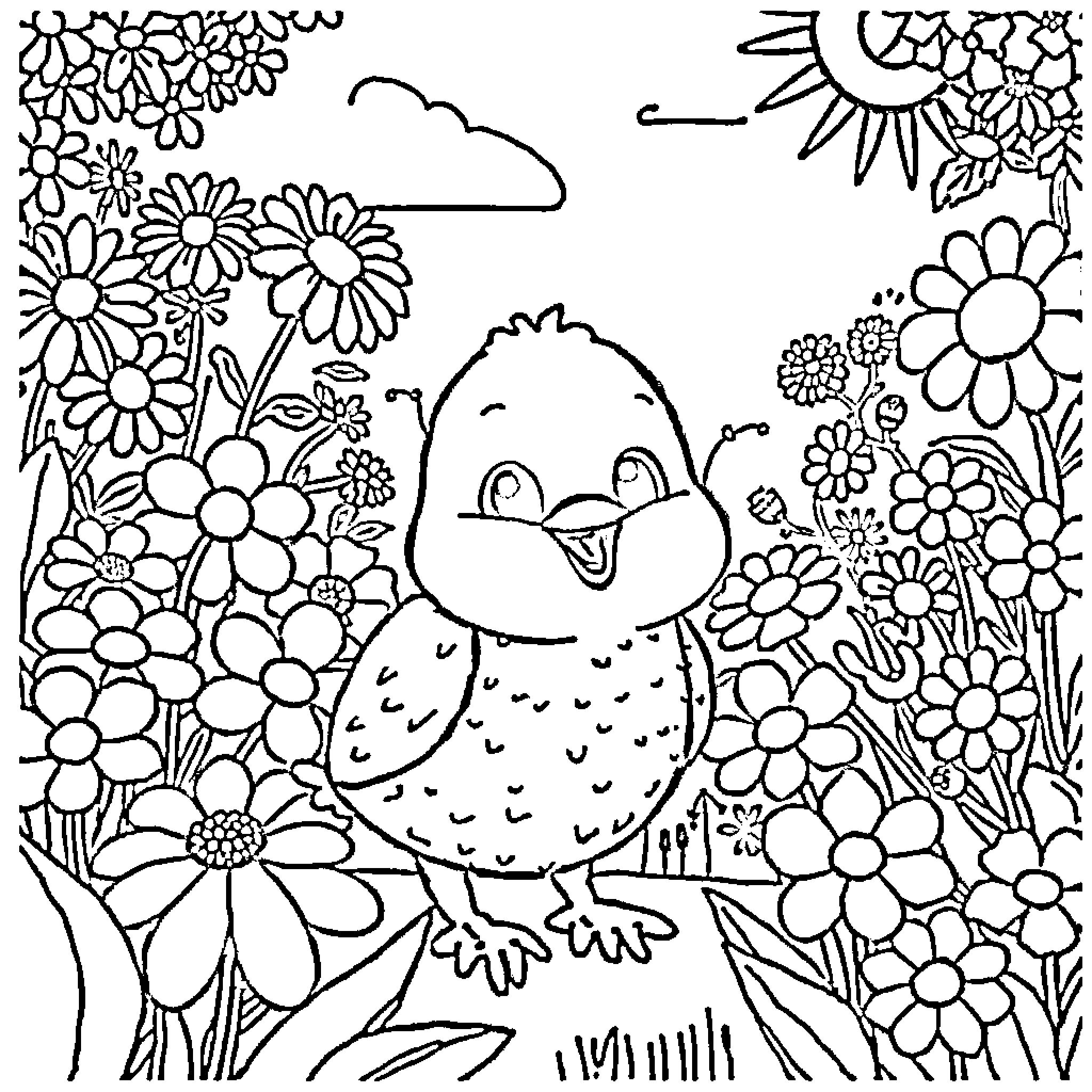 Quakko's Floral Adventure Coloring Page (free black-and-white line drawing printable PDF for all, from beginners to advanced learners, including children, teens, adults, and seniors)