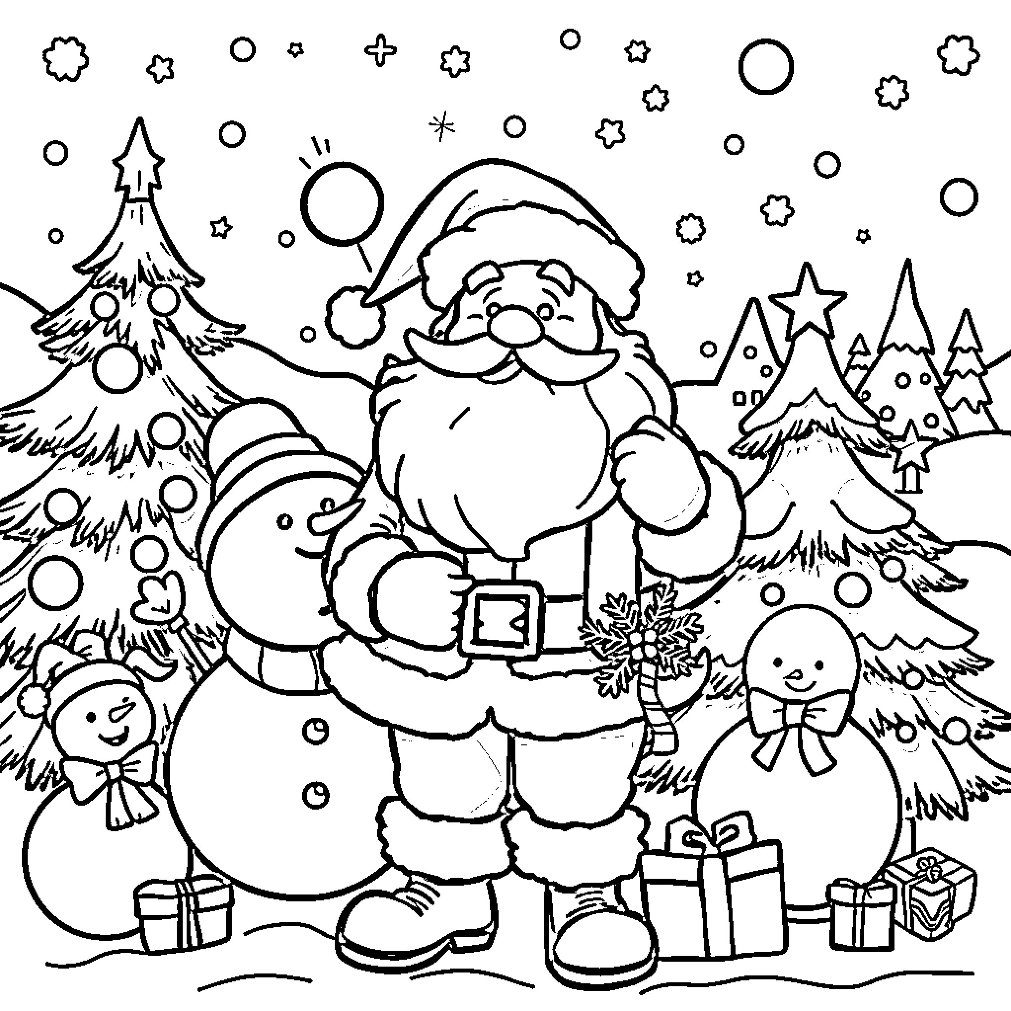 Christmas scene with Santa, snowman, and presents Coloring Page (free black-and-white line drawing printable PDF for all, from beginners to advanced learners, including children, teens, adults, and seniors)