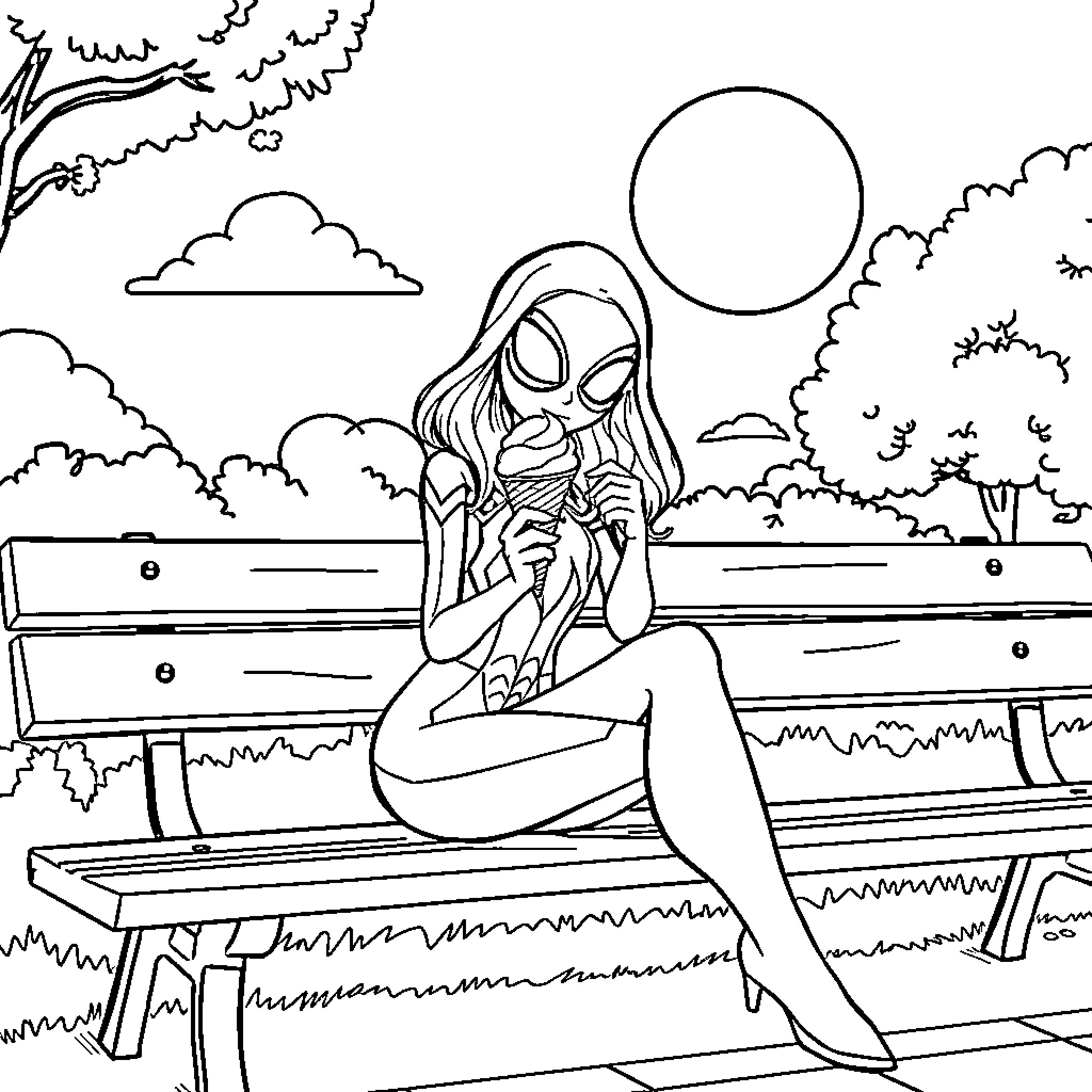 Spider Gwen contemplating on a park bench Coloring Page (free black-and-white line drawing printable PDF for all, from beginners to advanced learners, including children, teens, adults, and seniors)
