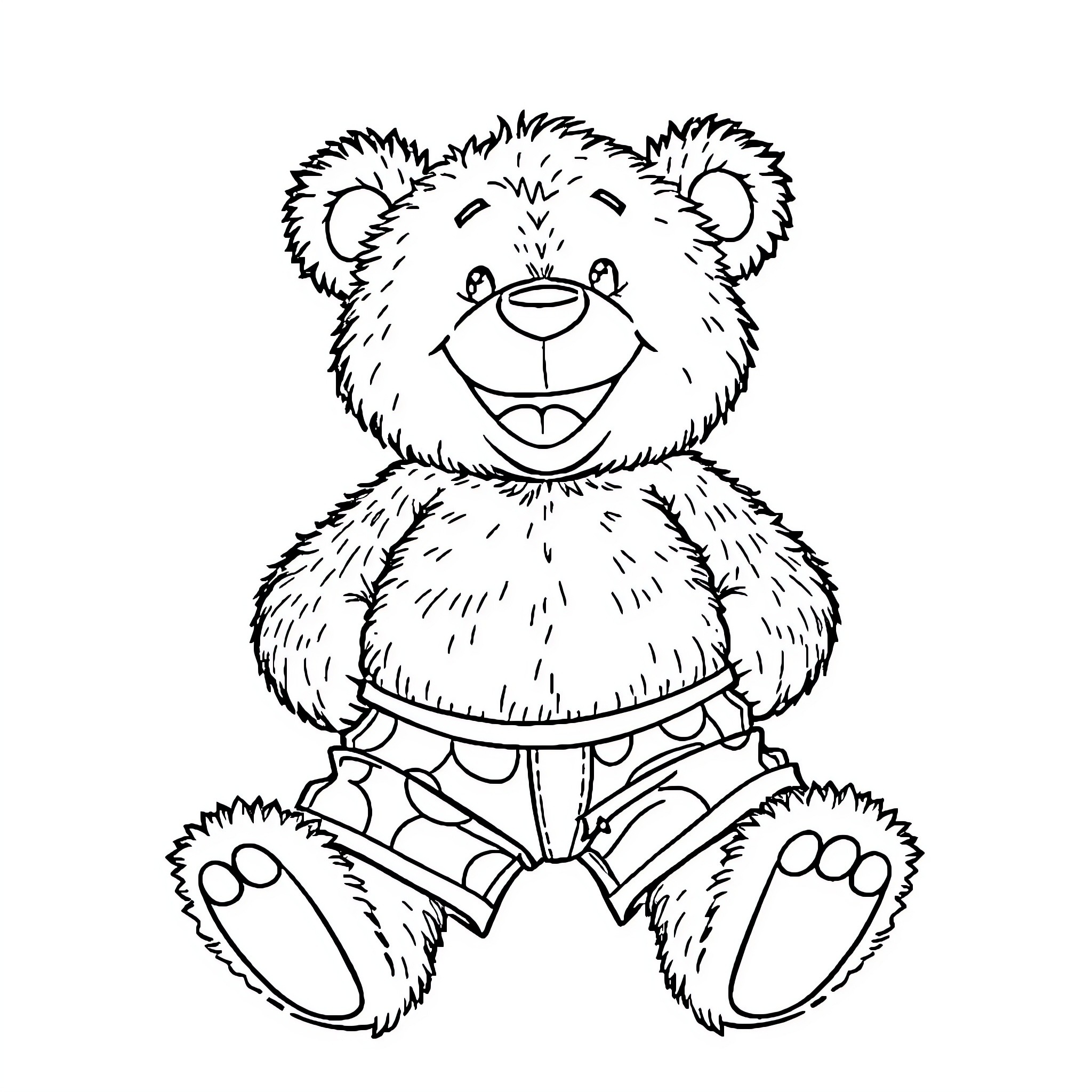 Teddy Bear Sitting Happily Coloring Page (free black-and-white line drawing printable PDF for all, from beginners to advanced learners, including children, teens, adults, and seniors)