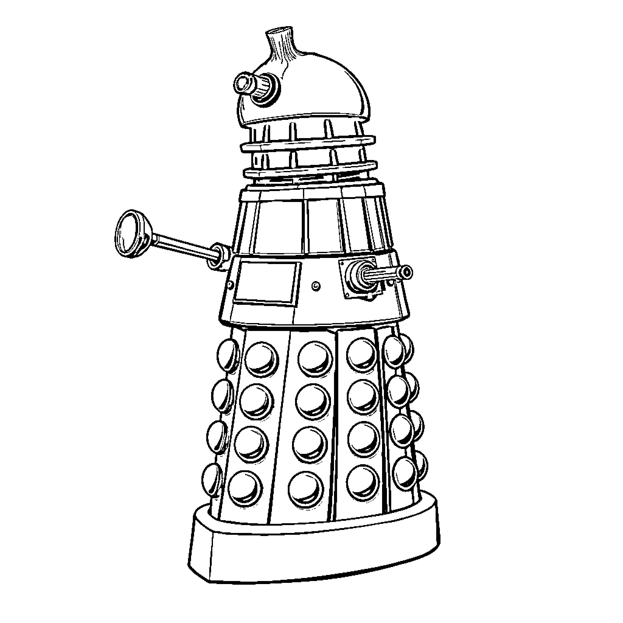 Dalek robot with extendable appendages Coloring Page (free black-and-white line drawing printable PDF for all, from beginners to advanced learners, including children, teens, adults, and seniors)