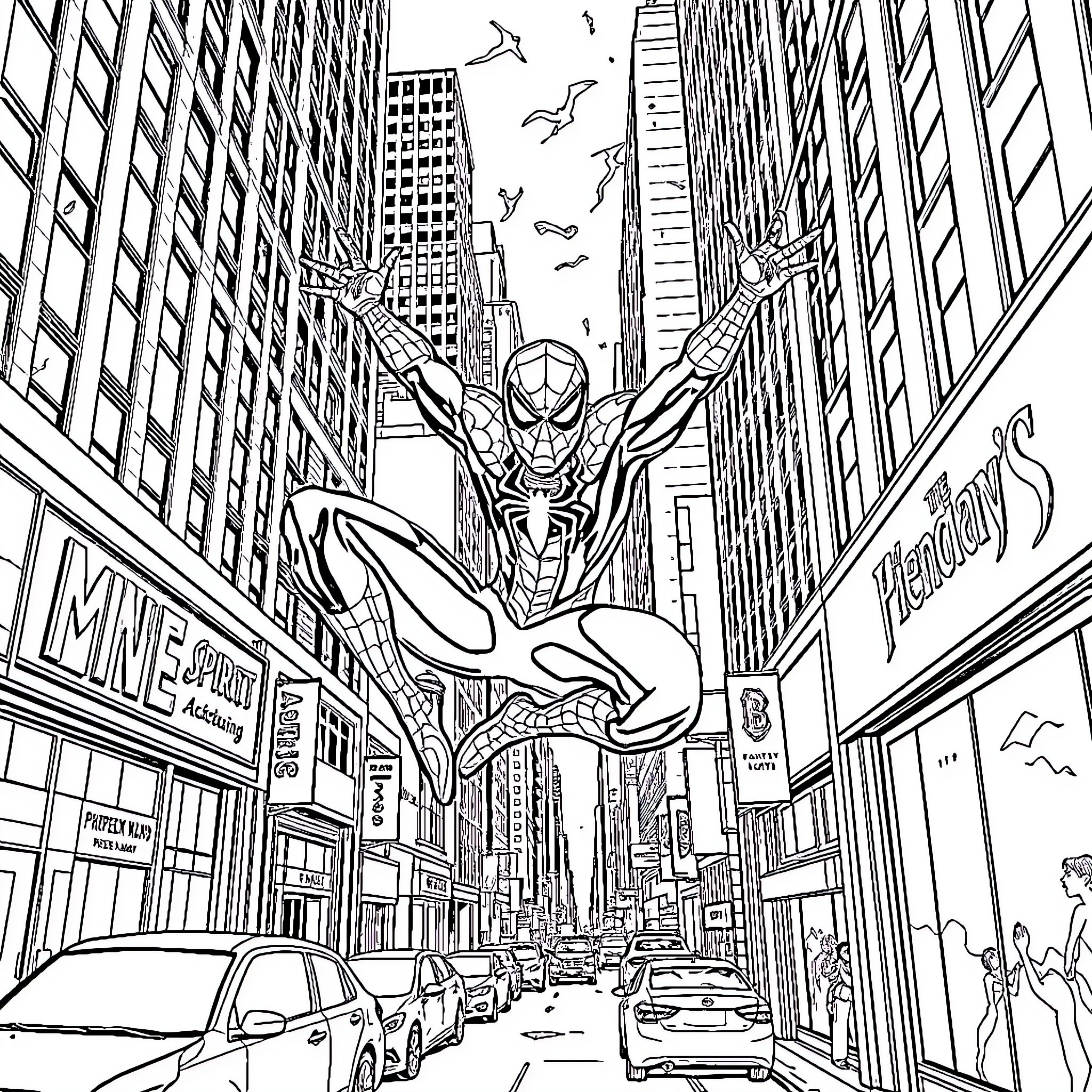 Spiderman swinging through the bustling city streets Coloring Page (free black-and-white line drawing printable PDF for all, from beginners to advanced learners, including children, teens, adults, and seniors)