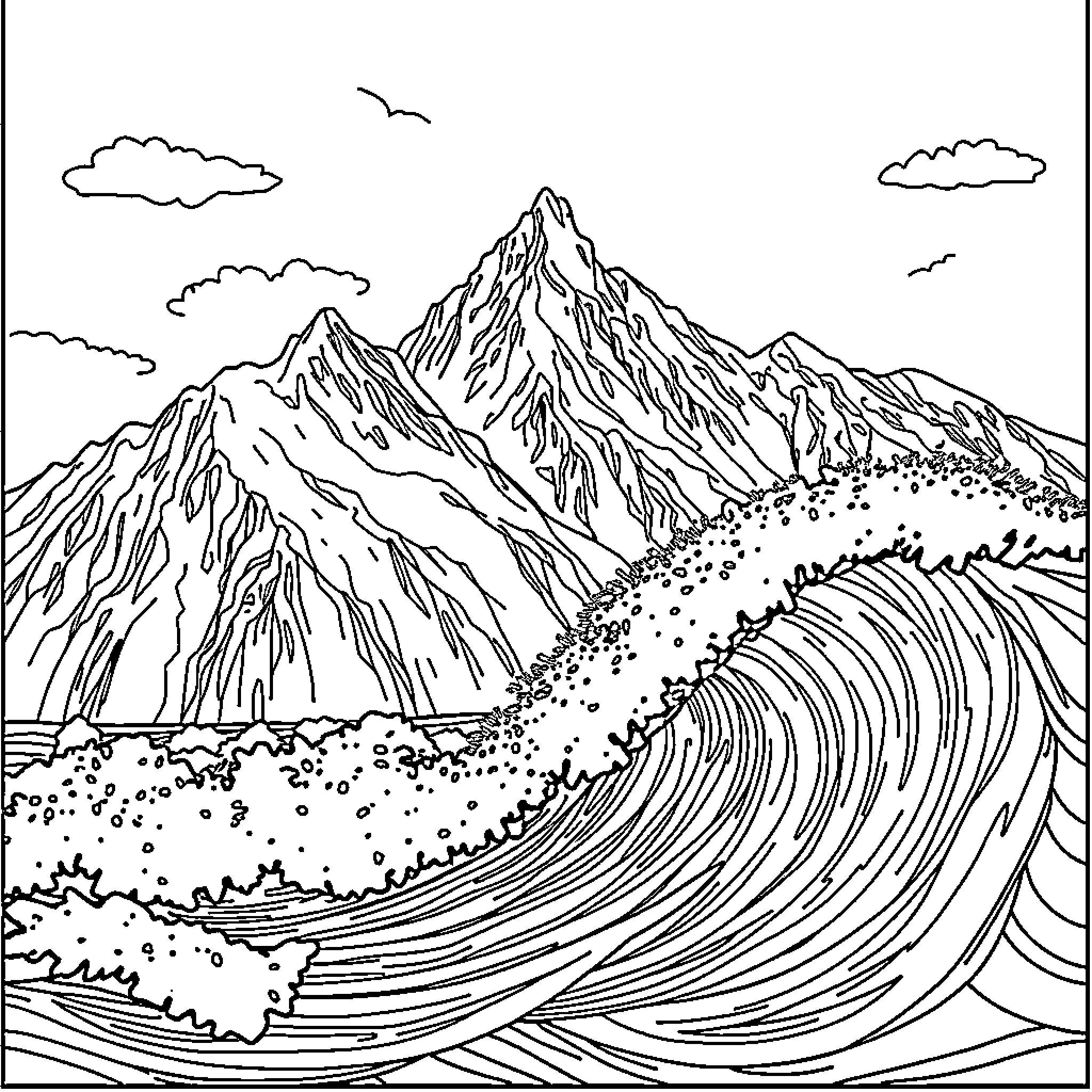 Mountain landscape with crashing waves Coloring Page (free black-and-white line drawing printable PDF for all, from beginners to advanced learners, including children, teens, adults, and seniors)