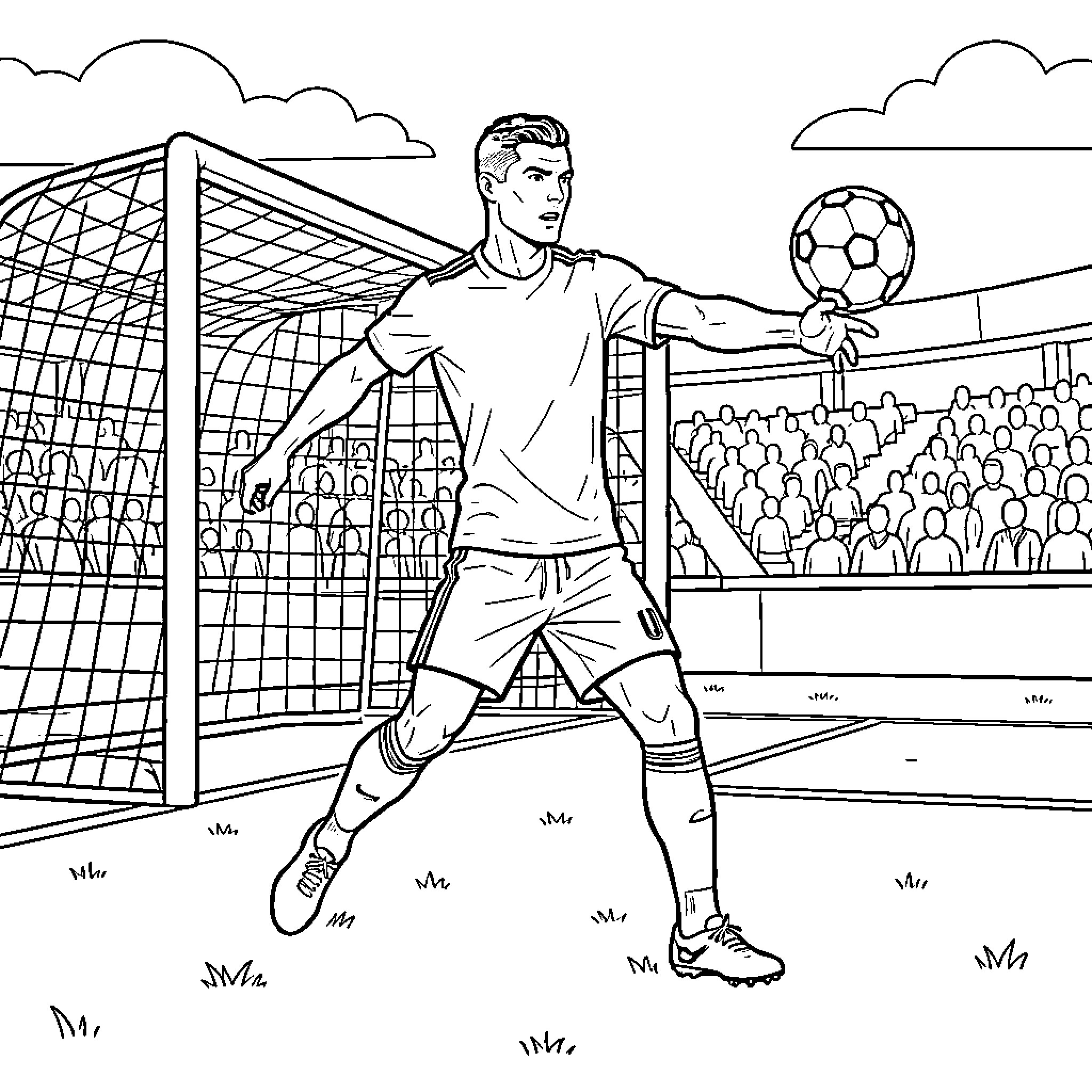 Cristiano Ronaldo preparing to kick a soccer ball Coloring Page (free black-and-white line drawing printable PDF for all, from beginners to advanced learners, including children, teens, adults, and seniors)