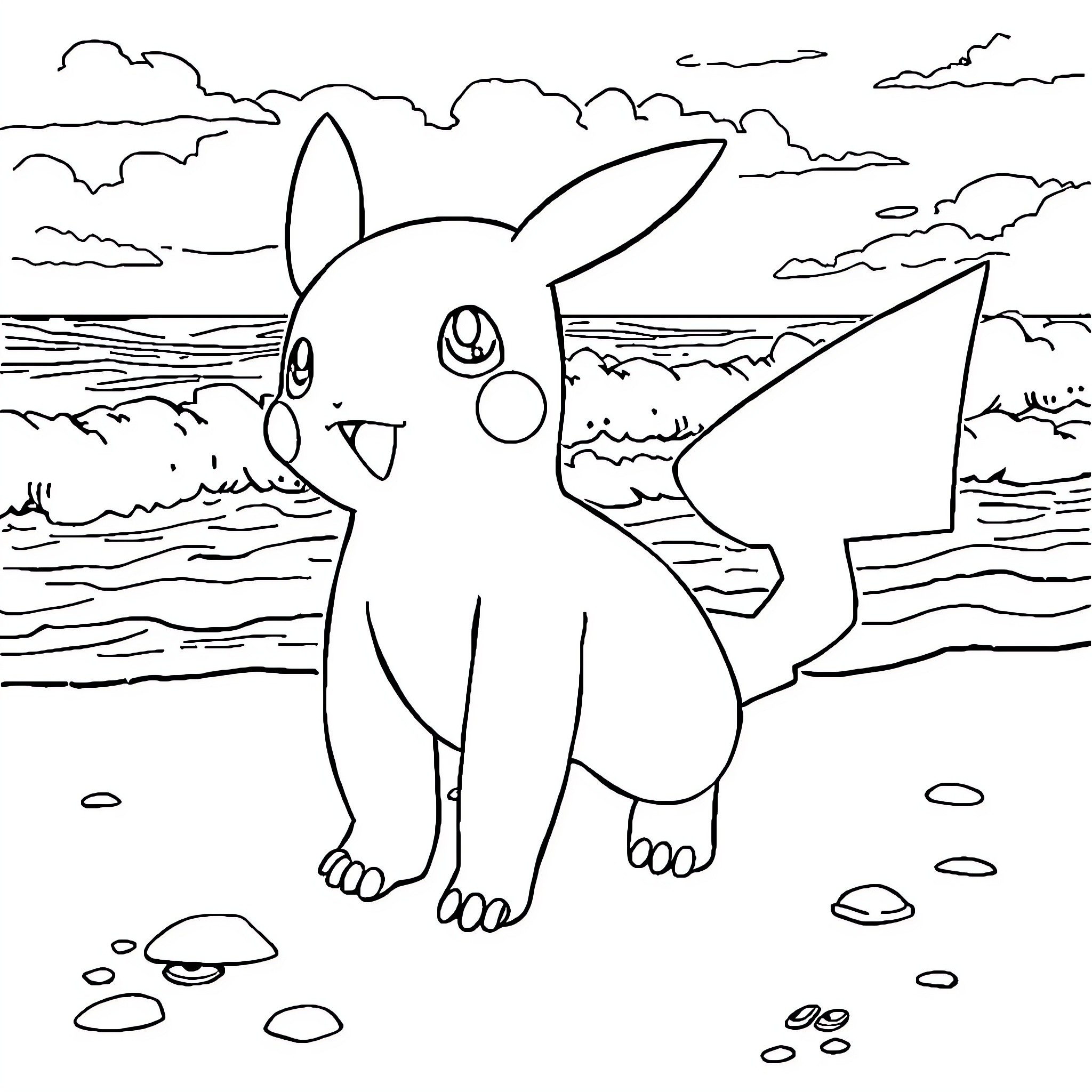 Pokémon character exploring seaside landscape Coloring Page (free black-and-white line drawing printable PDF for all, from beginners to advanced learners, including children, teens, adults, and seniors)