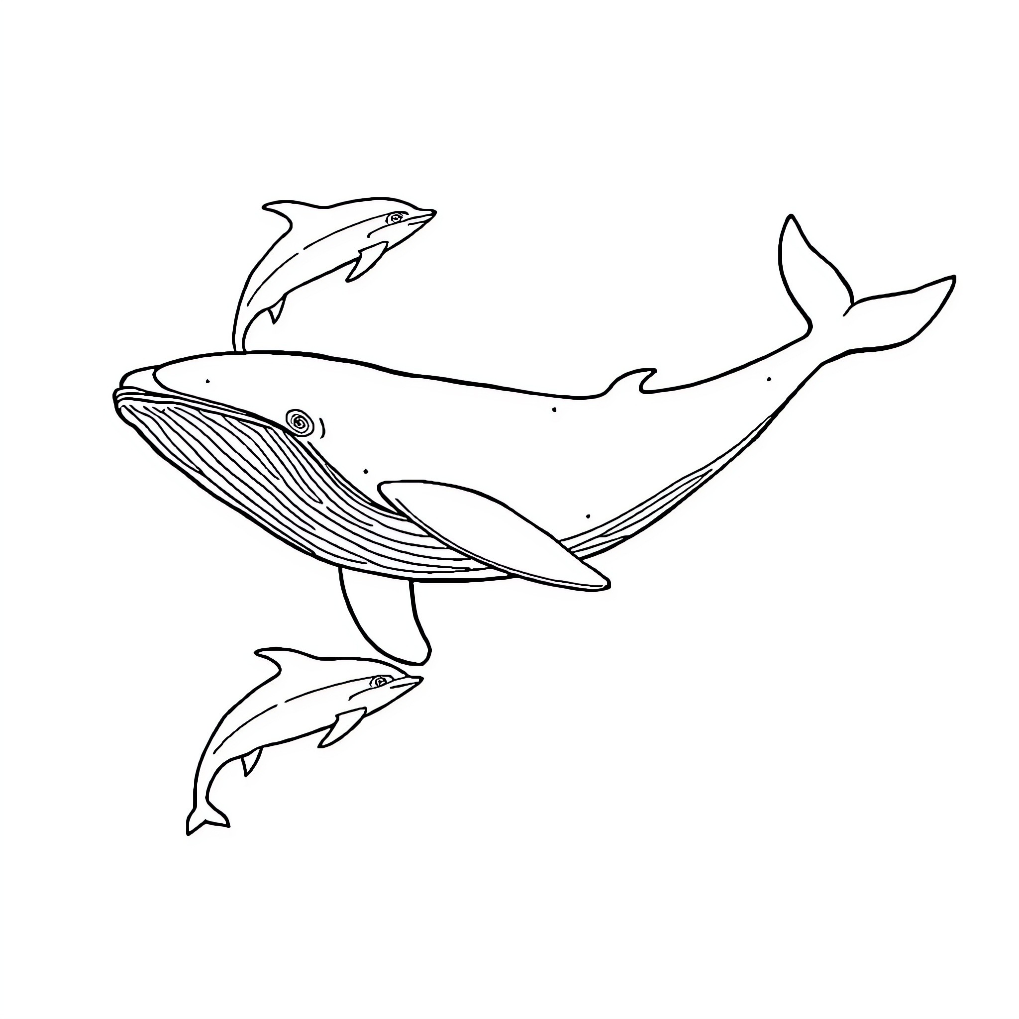 Whale and its playful companions Coloring Page (free black-and-white line drawing printable PDF for all, from beginners to advanced learners, including children, teens, adults, and seniors)