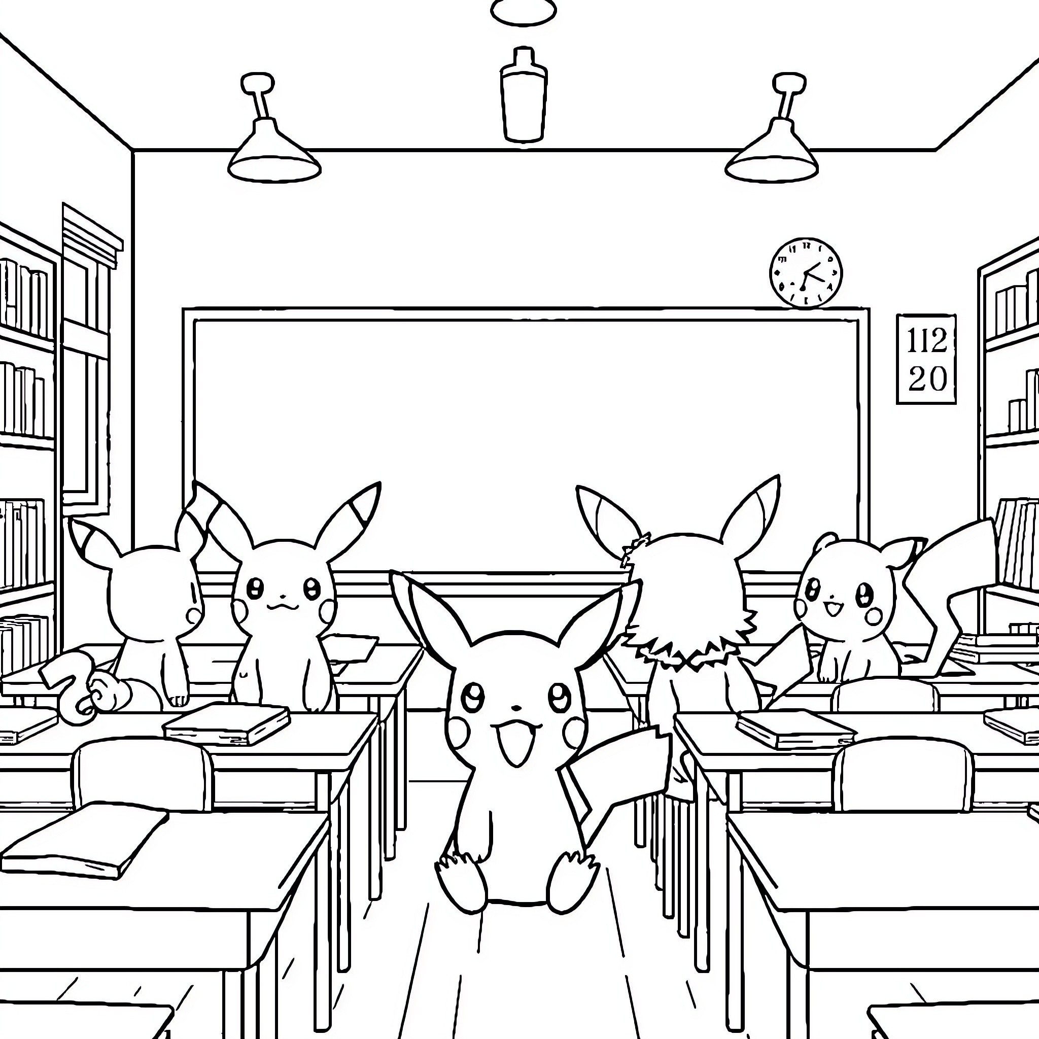 Pokémon studying together in the classroom Coloring Page (free black-and-white line drawing printable PDF for all, from beginners to advanced learners, including children, teens, adults, and seniors)