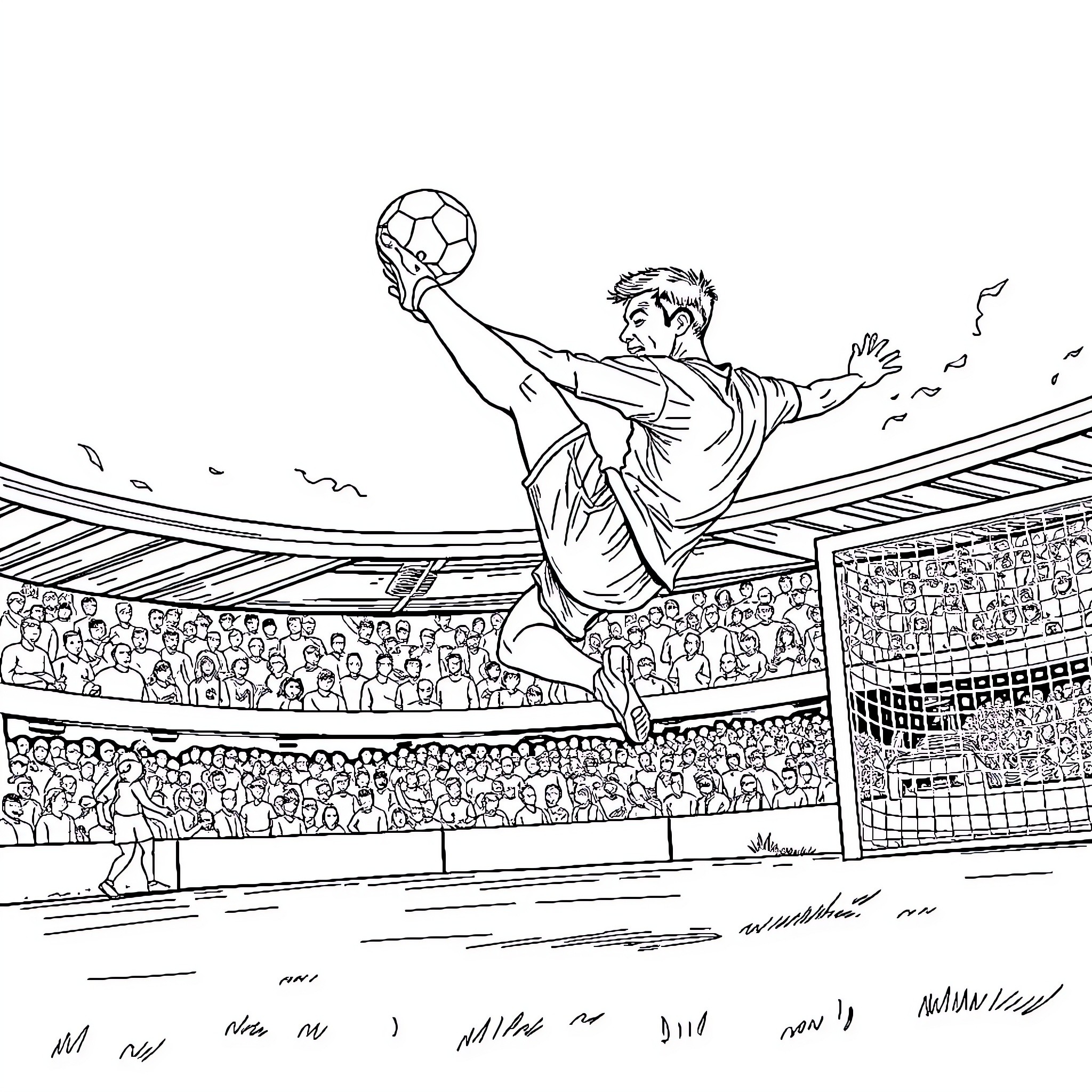Man in midair attempting soccer kick on field Coloring Page (free black-and-white line drawing printable PDF for all, from beginners to advanced learners, including children, teens, adults, and seniors)