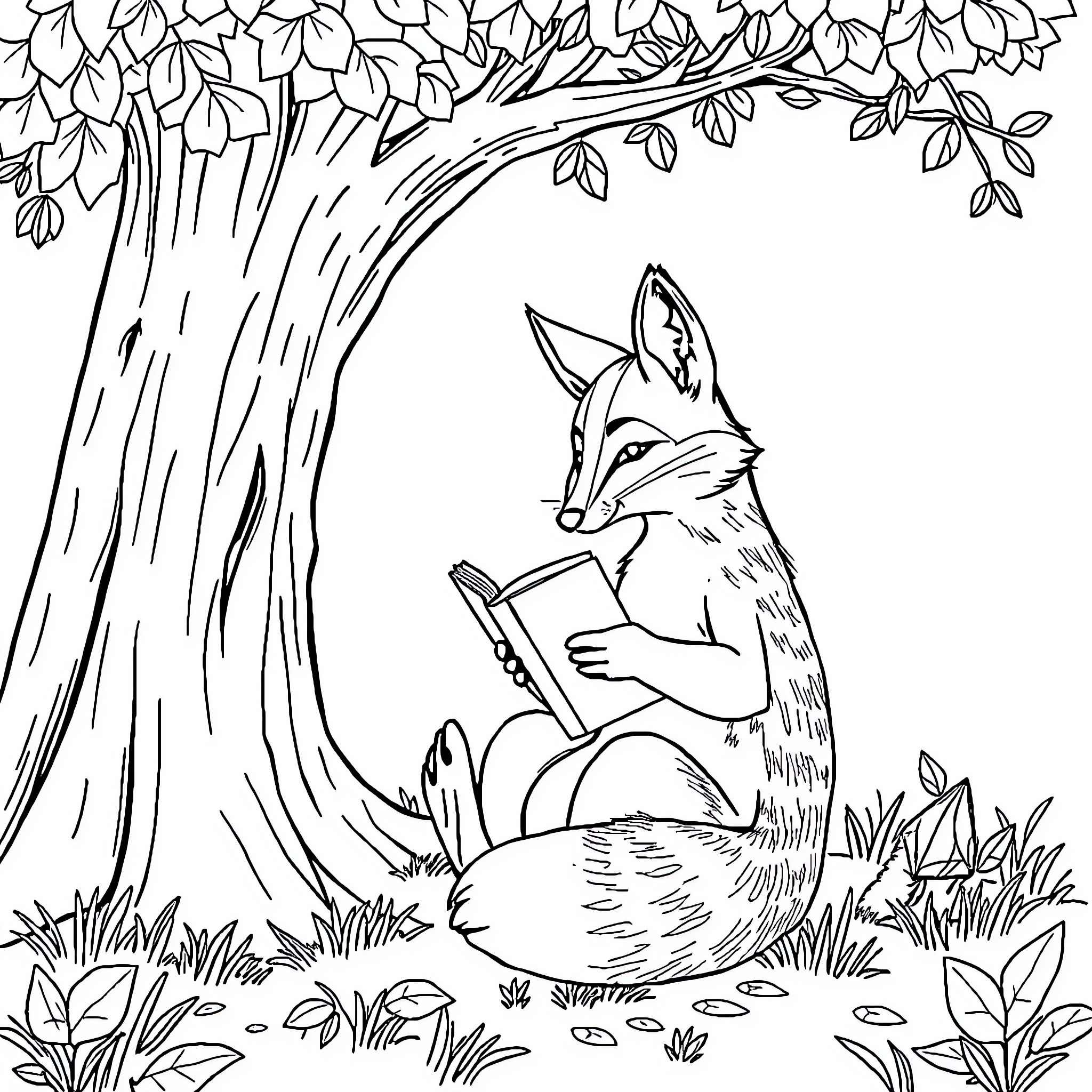 Fox reading a book in the forest Coloring Page (free black-and-white line drawing printable PDF for all, from beginners to advanced learners, including children, teens, adults, and seniors)