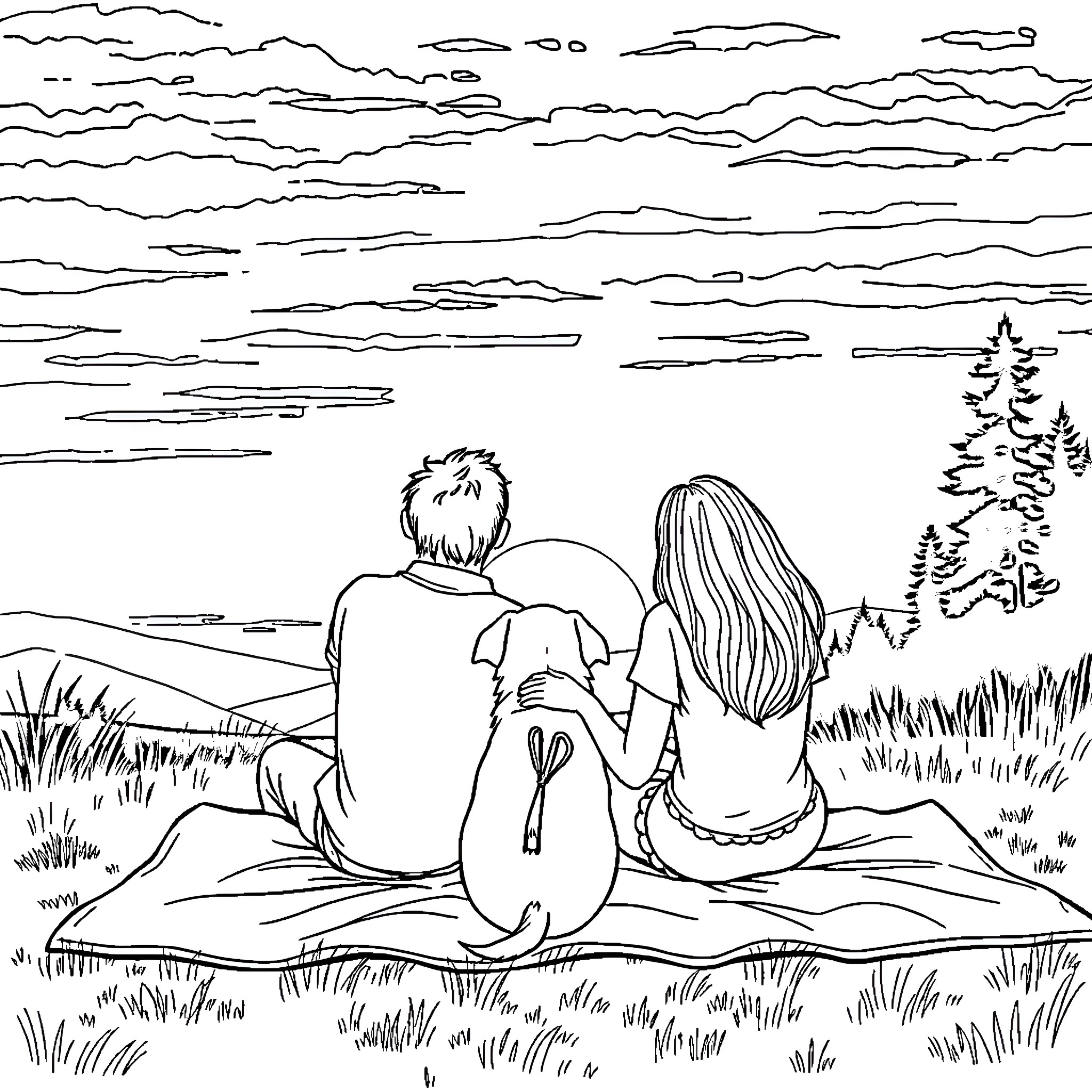 Dog and owner enjoying the scenic outdoors Coloring Page (free black-and-white line drawing printable PDF for all, from beginners to advanced learners, including children, teens, adults, and seniors)