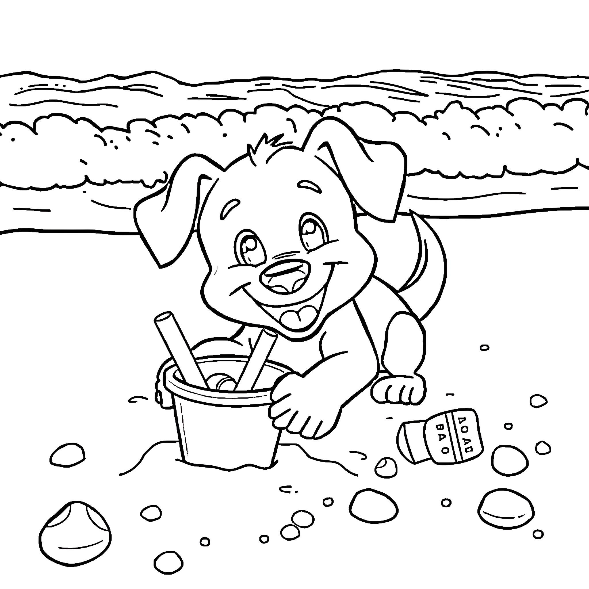 Bluey playing happily on the beach Coloring Page (free black-and-white line drawing printable PDF for all, from beginners to advanced learners, including children, teens, adults, and seniors)