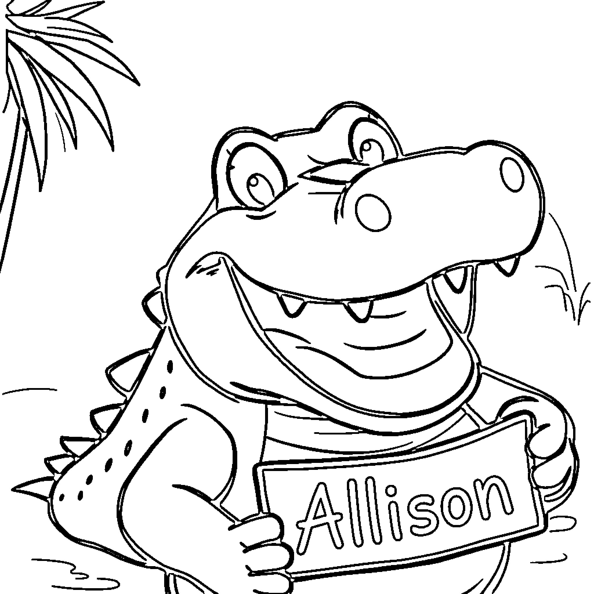 Alligator with a name tag Coloring Page (free black-and-white line drawing printable PDF for all, from beginners to advanced learners, including children, teens, adults, and seniors)