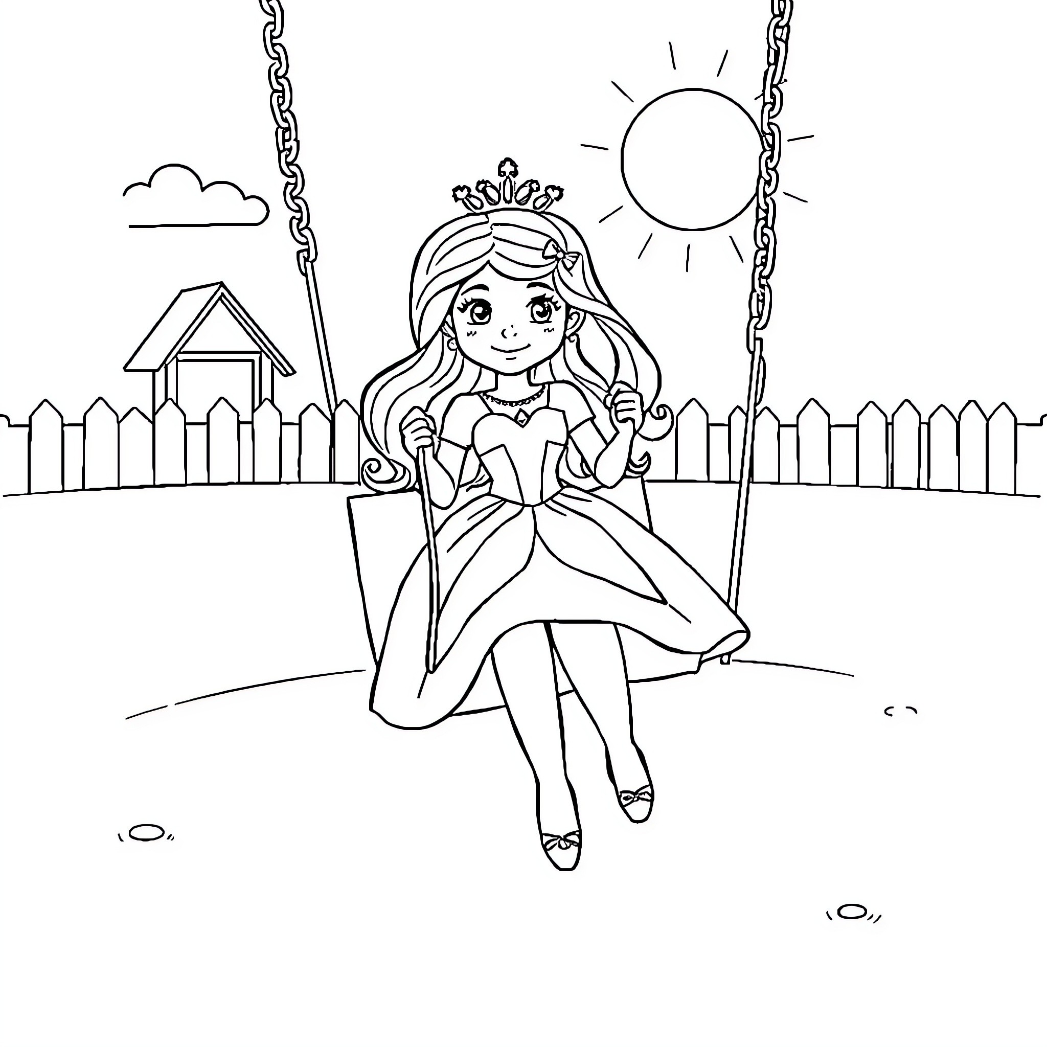 Princess swinging in the sunshine Coloring Page (free black-and-white line drawing printable PDF for all, from beginners to advanced learners, including children, teens, adults, and seniors)
