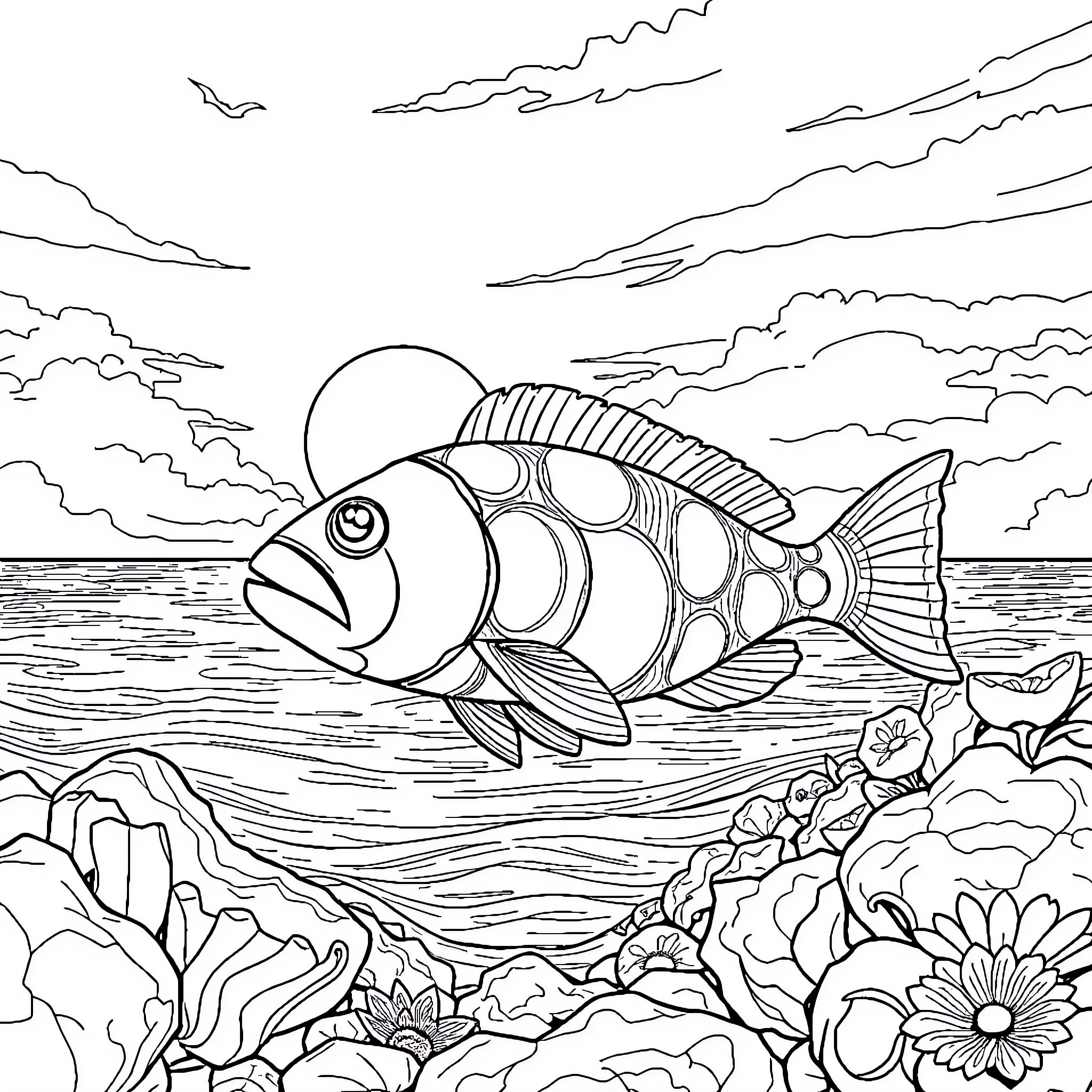 Sea fish swimming in the ocean waves Coloring Page (free black-and-white line drawing printable PDF for all, from beginners to advanced learners, including children, teens, adults, and seniors)