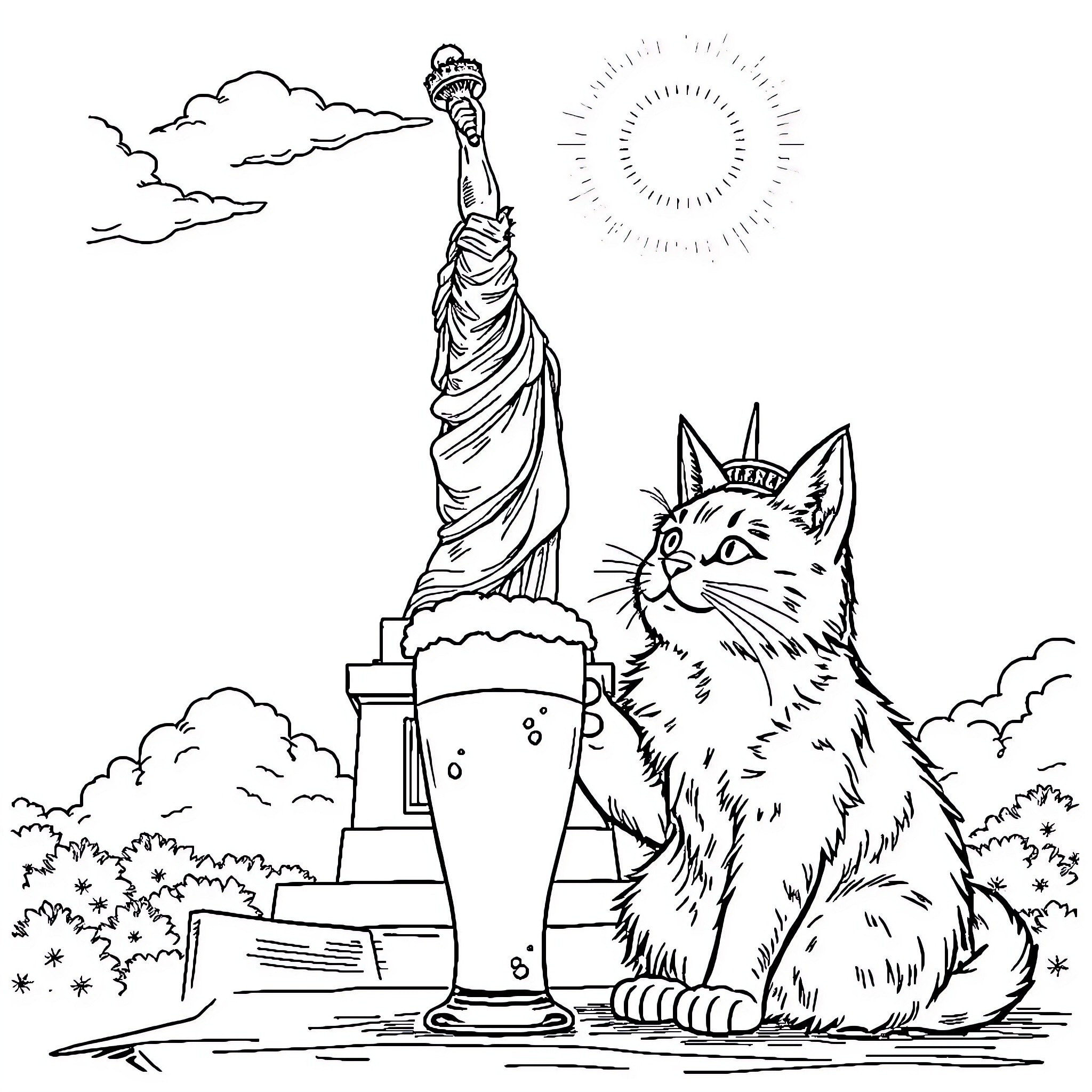 Cat admiring the Statue of Liberty Coloring Page (free black-and-white line drawing printable PDF for all, from beginners to advanced learners, including children, teens, adults, and seniors)