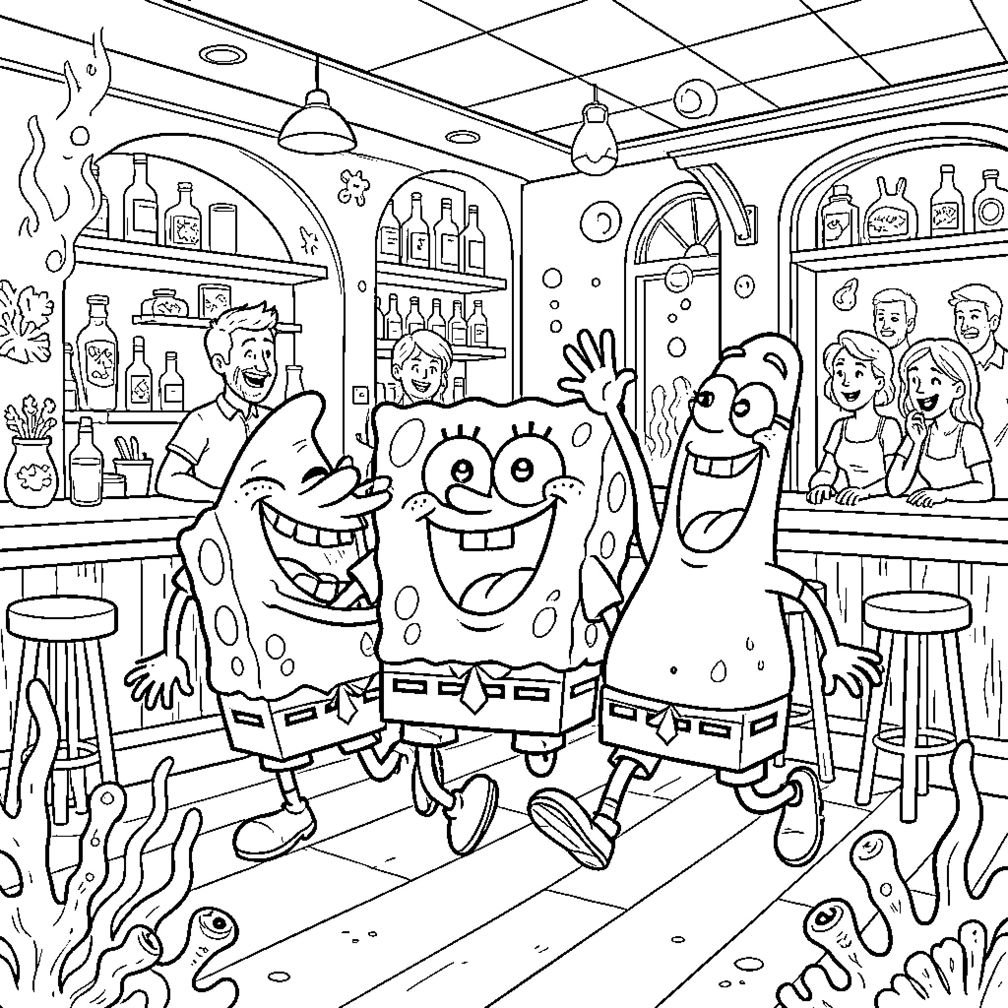 Spongebob and friends laughing and dancing together Coloring Page (free black-and-white line drawing printable PDF for all, from beginners to advanced learners, including children, teens, adults, and seniors)