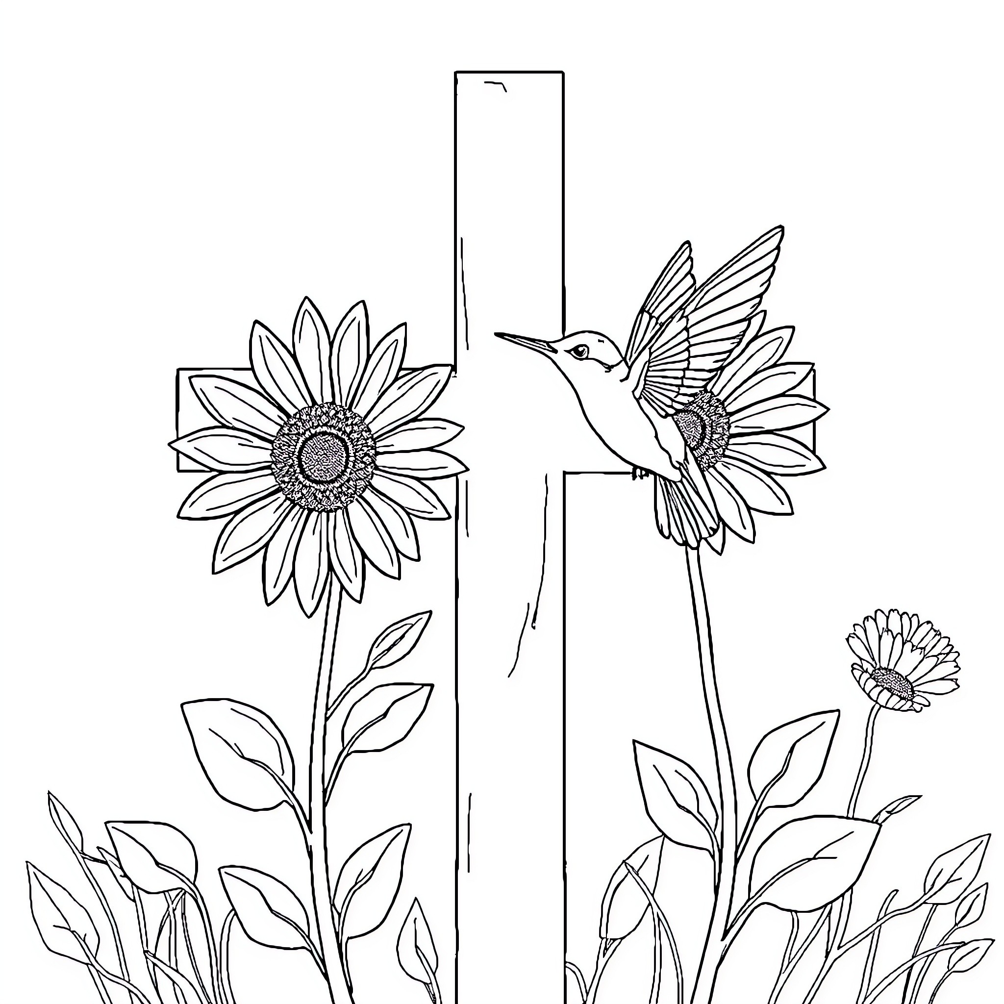 Cross Flowers and Hummingbird in the Garden Coloring Page (free black-and-white line drawing printable PDF for all, from beginners to advanced learners, including children, teens, adults, and seniors)