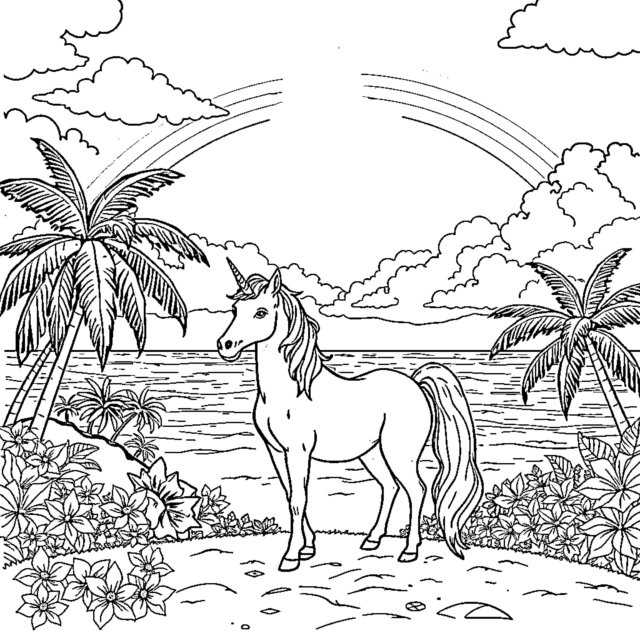 Unicorn frolicking in tropical paradise Coloring Page (free black-and-white line drawing printable PDF for all, from beginners to advanced learners, including children, teens, adults, and seniors)