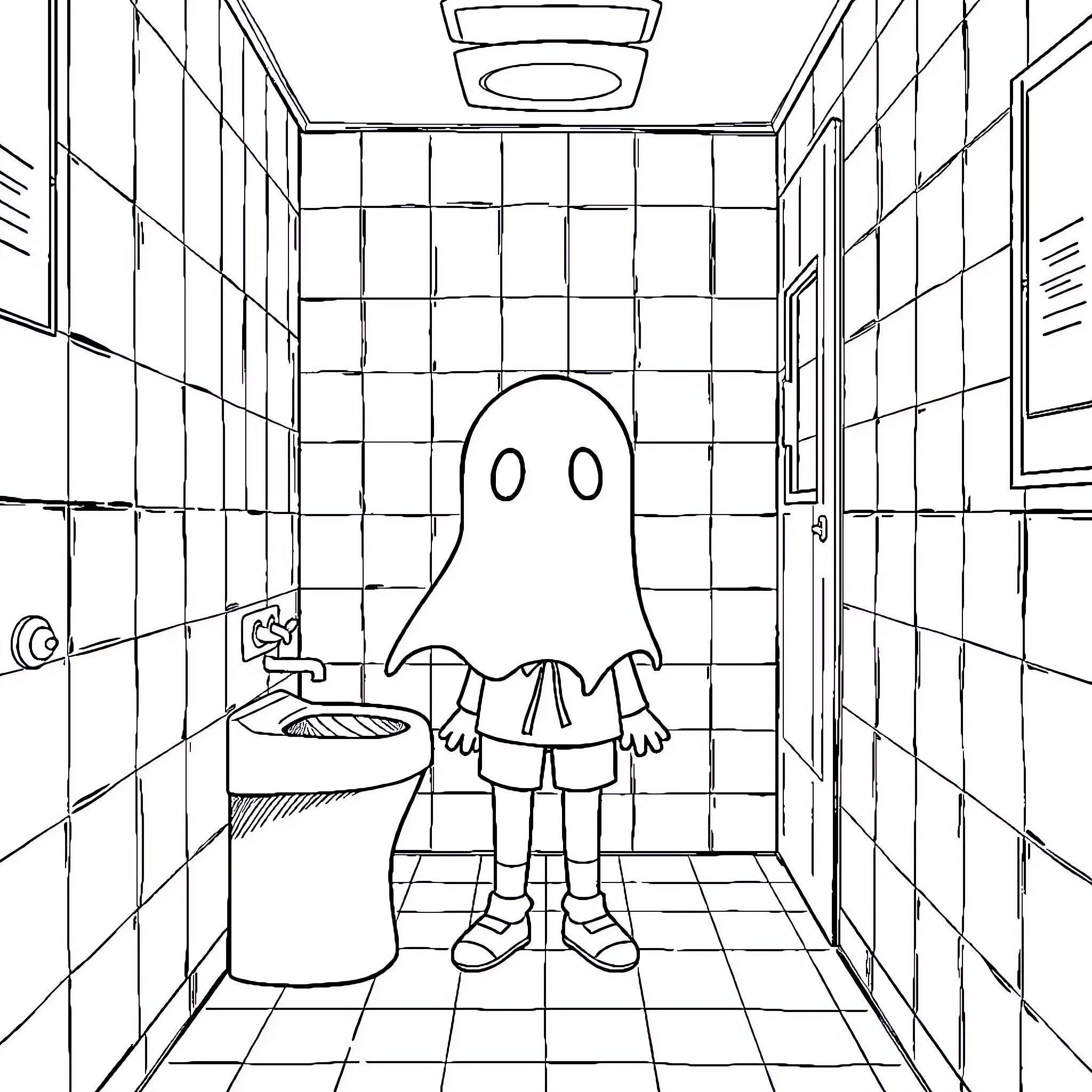 Hanako-kun in a tiled bathroom setting Coloring Page (free black-and-white line drawing printable PDF for all, from beginners to advanced learners, including children, teens, adults, and seniors)