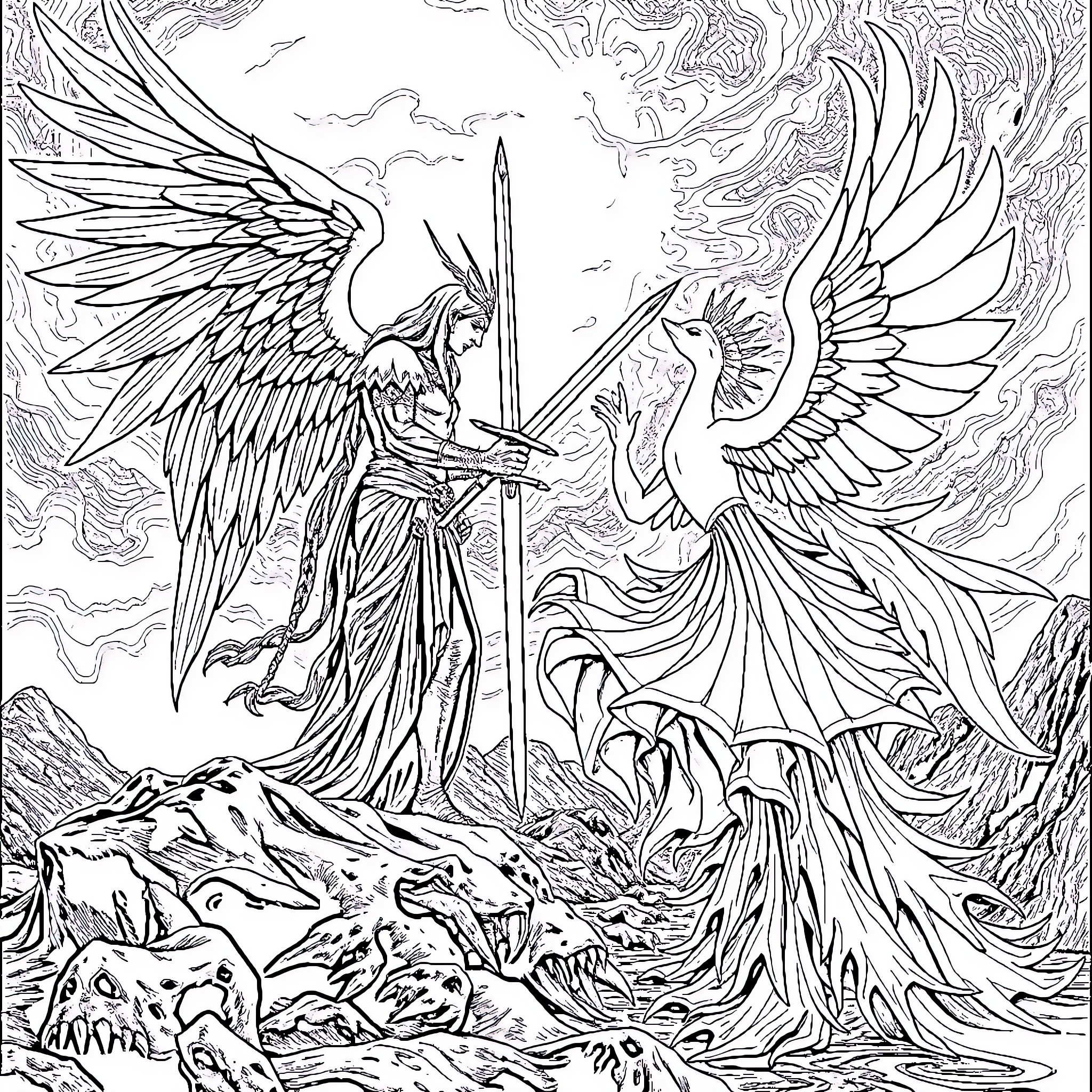 Sephiroth's Celestial Battle of Winged Deities Coloring Page (free black-and-white line drawing printable PDF for all, from beginners to advanced learners, including children, teens, adults, and seniors)
