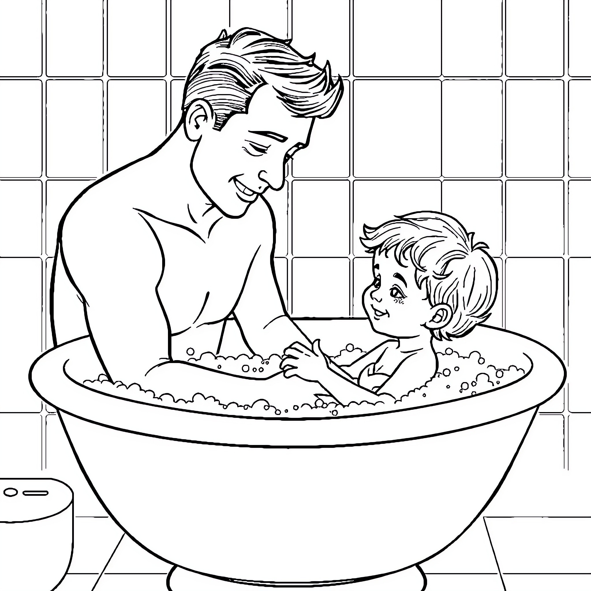 Daddy bathes his happy child Coloring Page (free black-and-white line drawing printable PDF for all, from beginners to advanced learners, including children, teens, adults, and seniors)