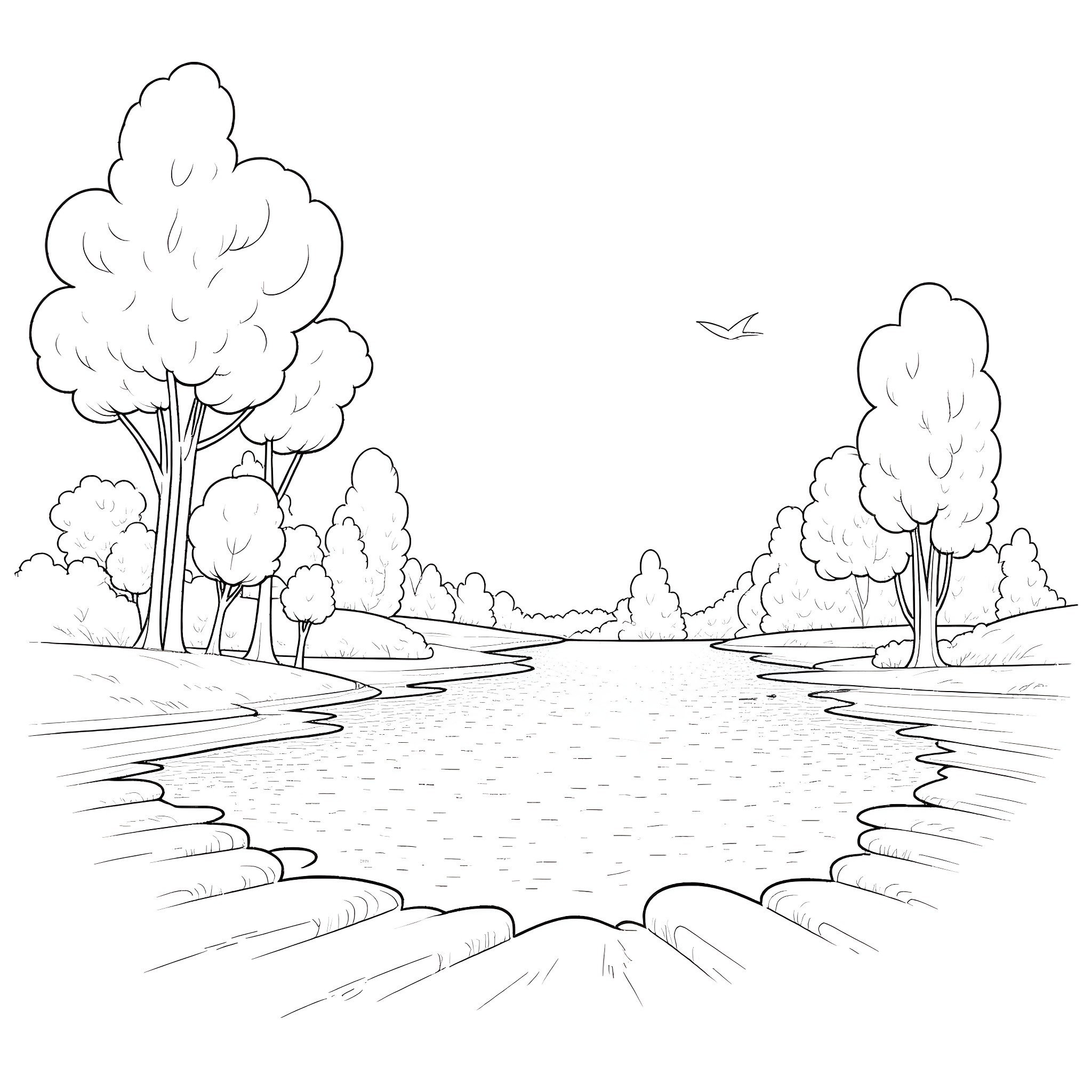 Peace in the Serene Landscape Coloring Page (free black-and-white line drawing printable PDF for all, from beginners to advanced learners, including children, teens, adults, and seniors)