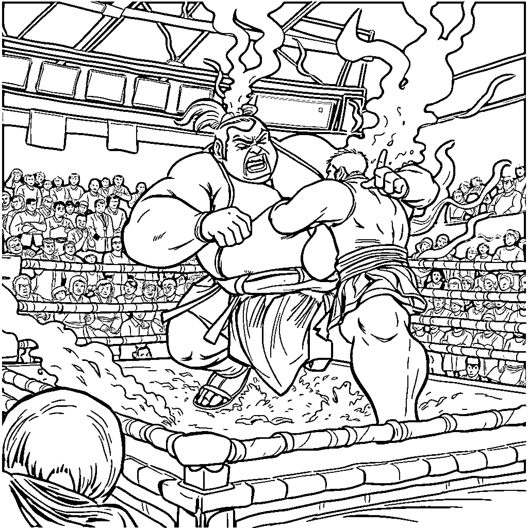 Yorikiri: Intense Sumo Wrestling Match Coloring Page (free black-and-white line drawing printable PDF for all, from beginners to advanced learners, including children, teens, adults, and seniors)