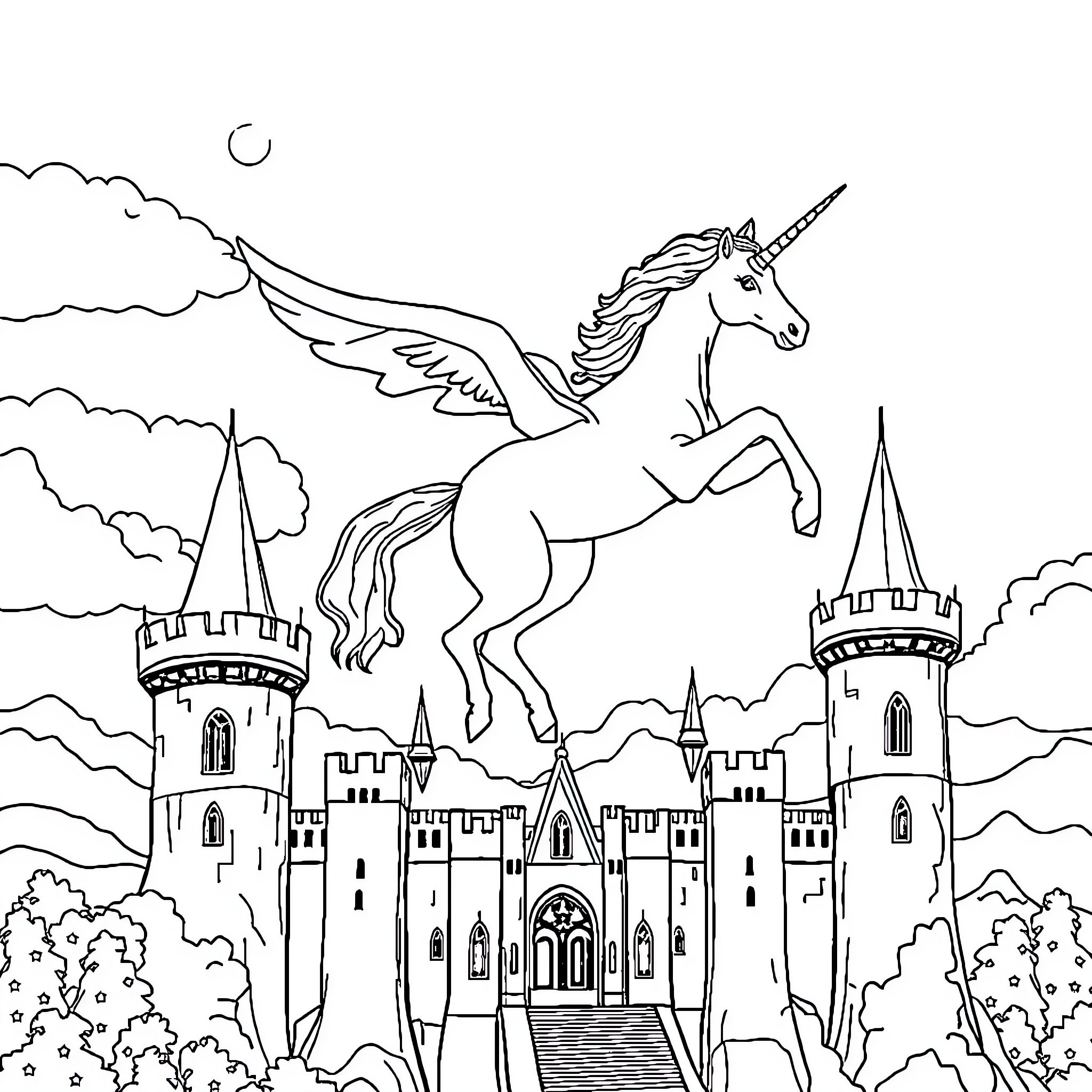 Unicorn soaring above a magical castle Coloring Page (free black-and-white line drawing printable PDF for all, from beginners to advanced learners, including children, teens, adults, and seniors)