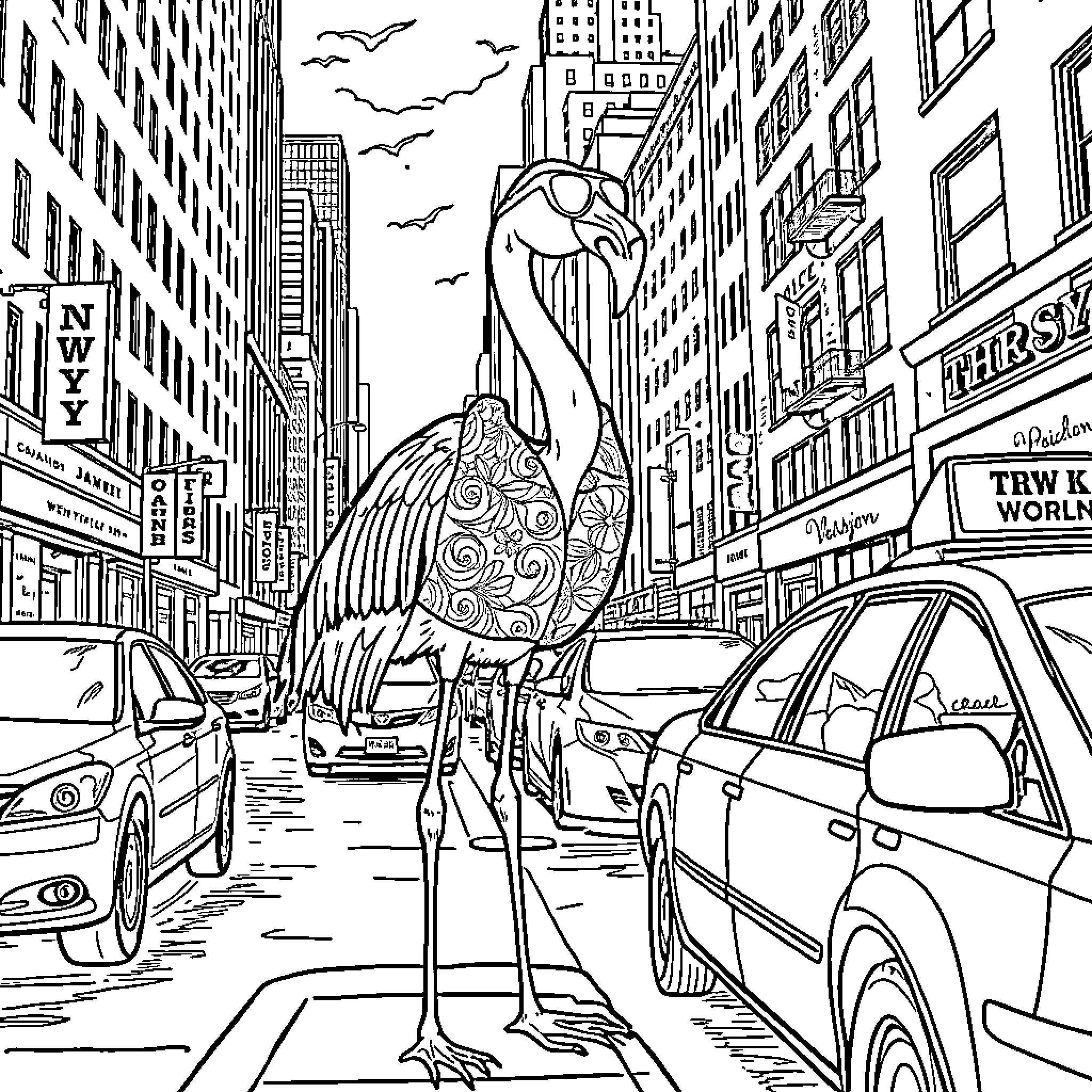 Flamingo strolling through the bustling city streets Coloring Page (free black-and-white line drawing printable PDF for all, from beginners to advanced learners, including children, teens, adults, and seniors)