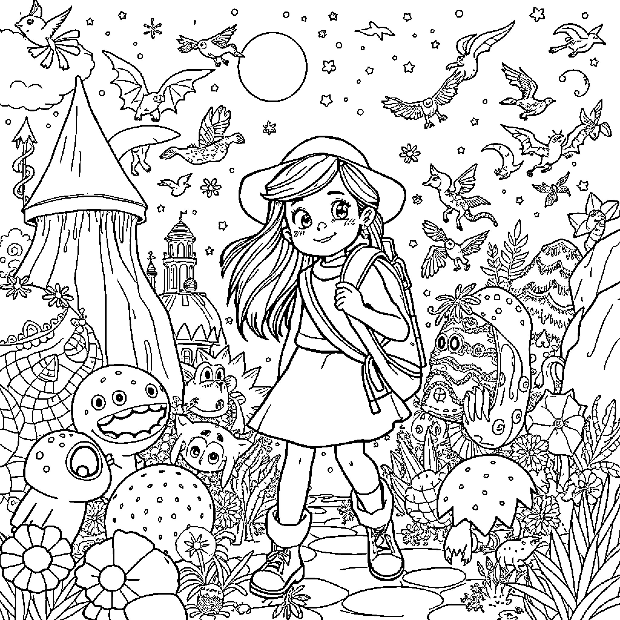 Alice's Magical Adventure in the Enchanted Forest Coloring Page (free black-and-white line drawing printable PDF for all, from beginners to advanced learners, including children, teens, adults, and seniors)