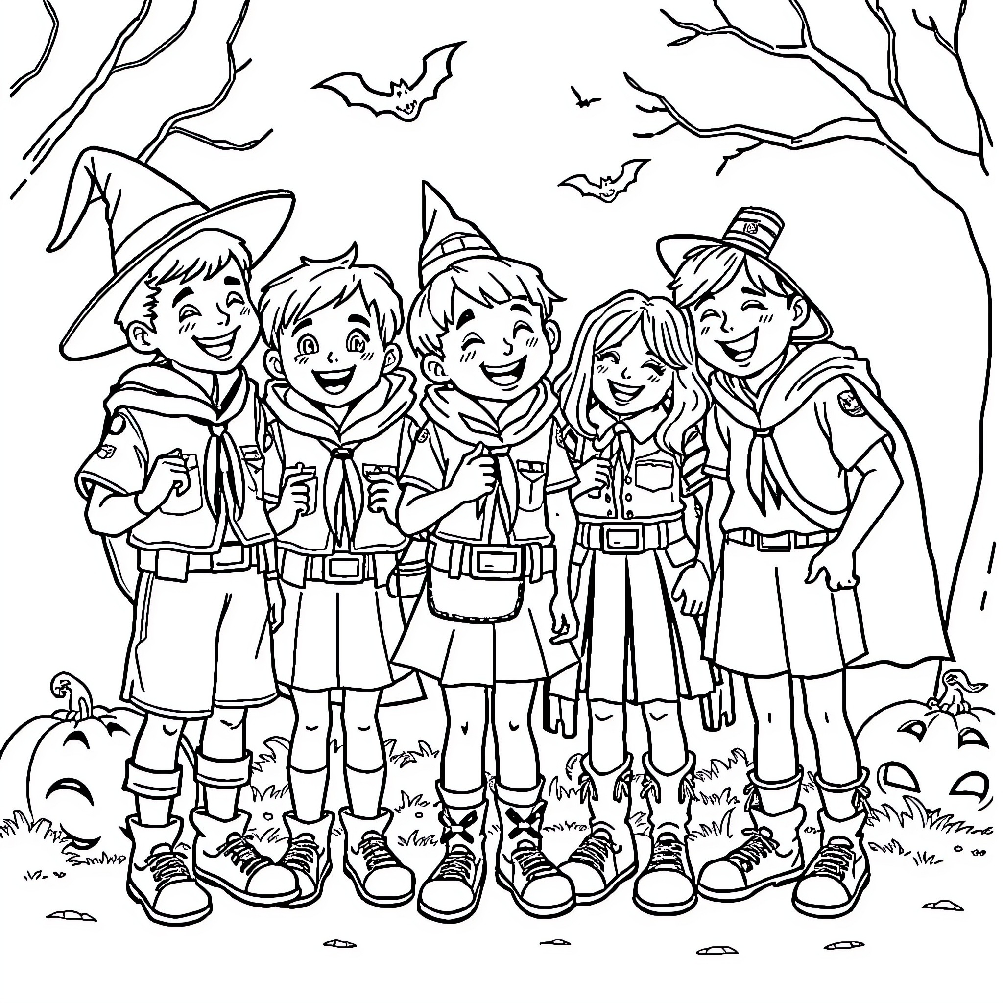 Scout group enjoying Halloween adventure in the woods Coloring Page (free black-and-white line drawing printable PDF for all, from beginners to advanced learners, including children, teens, adults, and seniors)