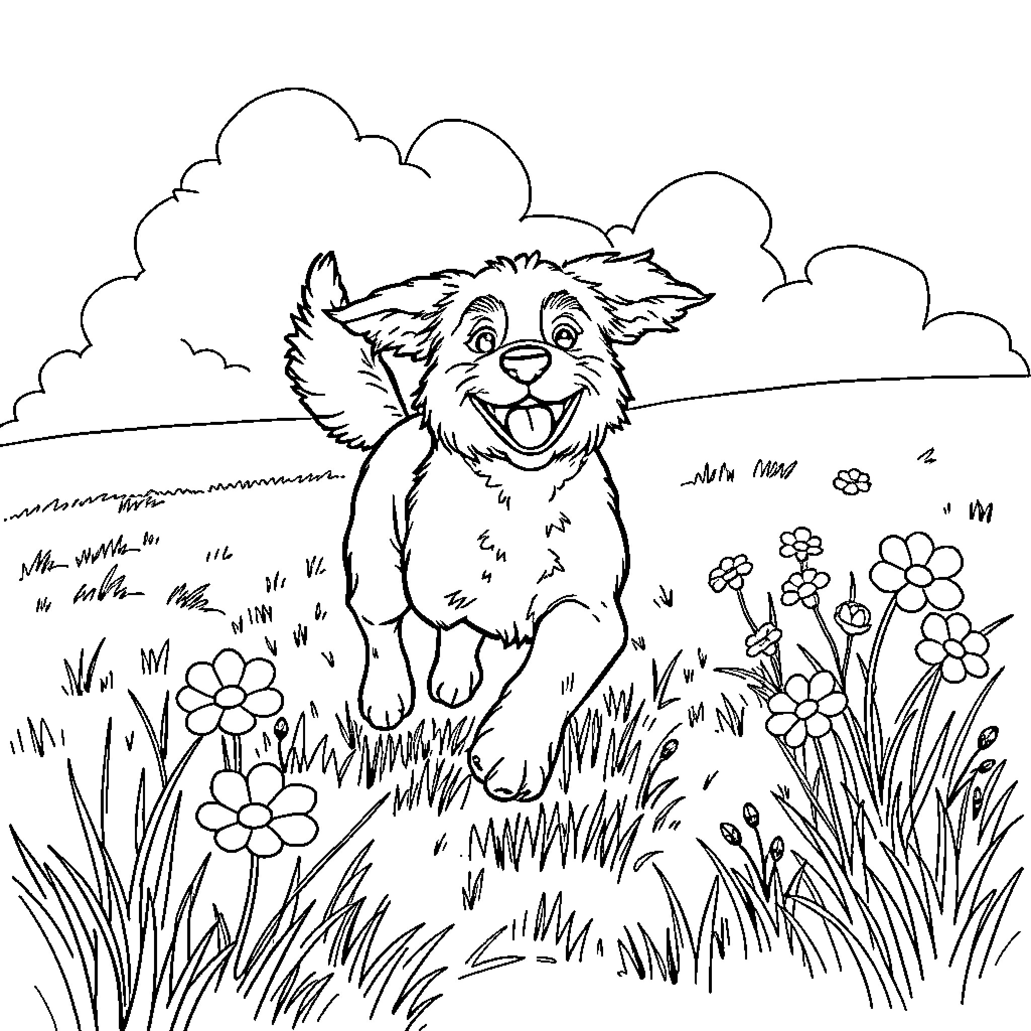Dog playing joyfully in a flower-filled meadow Coloring Page (free black-and-white line drawing printable PDF for all, from beginners to advanced learners, including children, teens, adults, and seniors)