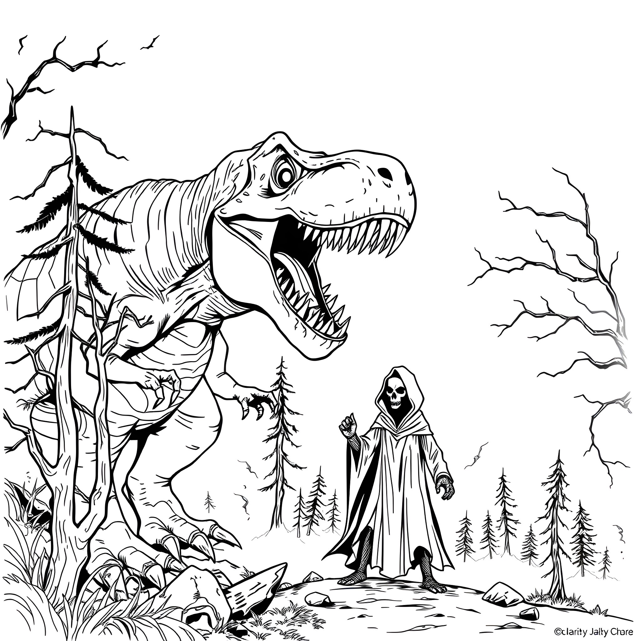 T-Rex encounters a mysterious figure in a forest landscape Coloring Page (free black-and-white line drawing printable PDF for all, from beginners to advanced learners, including children, teens, adults, and seniors)