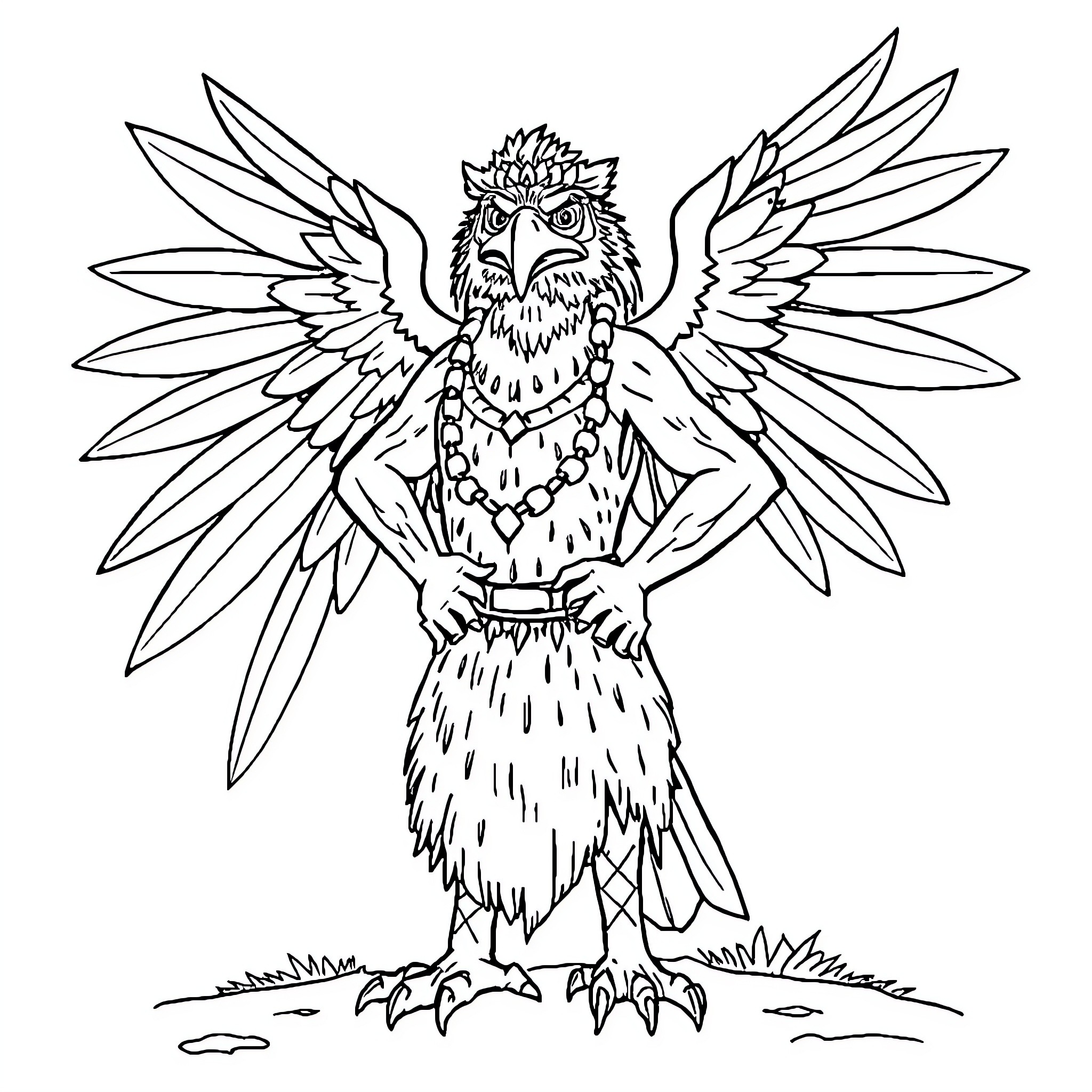 Maui bird creature with large wings and feathers Coloring Page (free black-and-white line drawing printable PDF for all, from beginners to advanced learners, including children, teens, adults, and seniors)