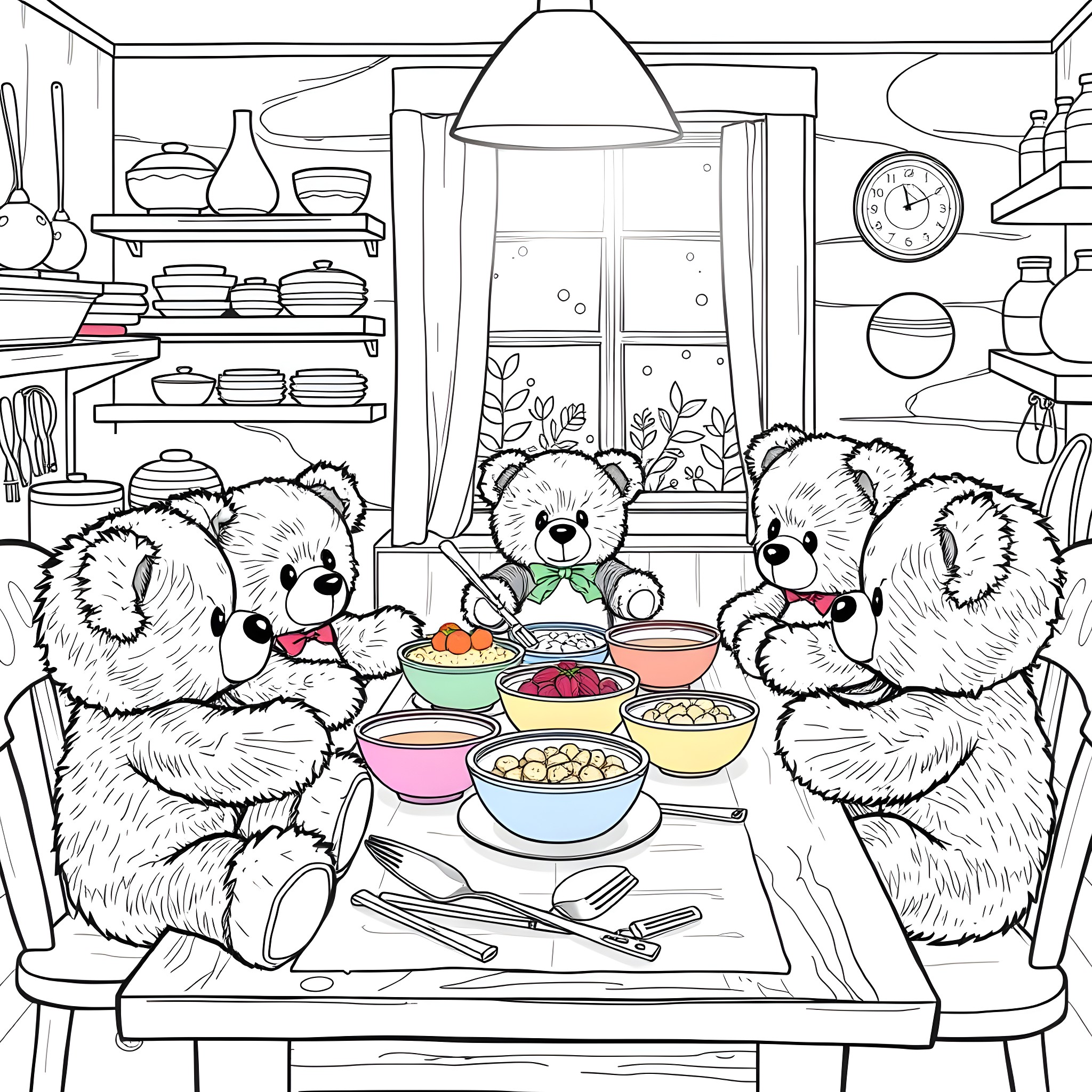 Teddy Bears Enjoying a Cozy Meal in the Kitchen Coloring Page (free black-and-white line drawing printable PDF for all, from beginners to advanced learners, including children, teens, adults, and seniors)