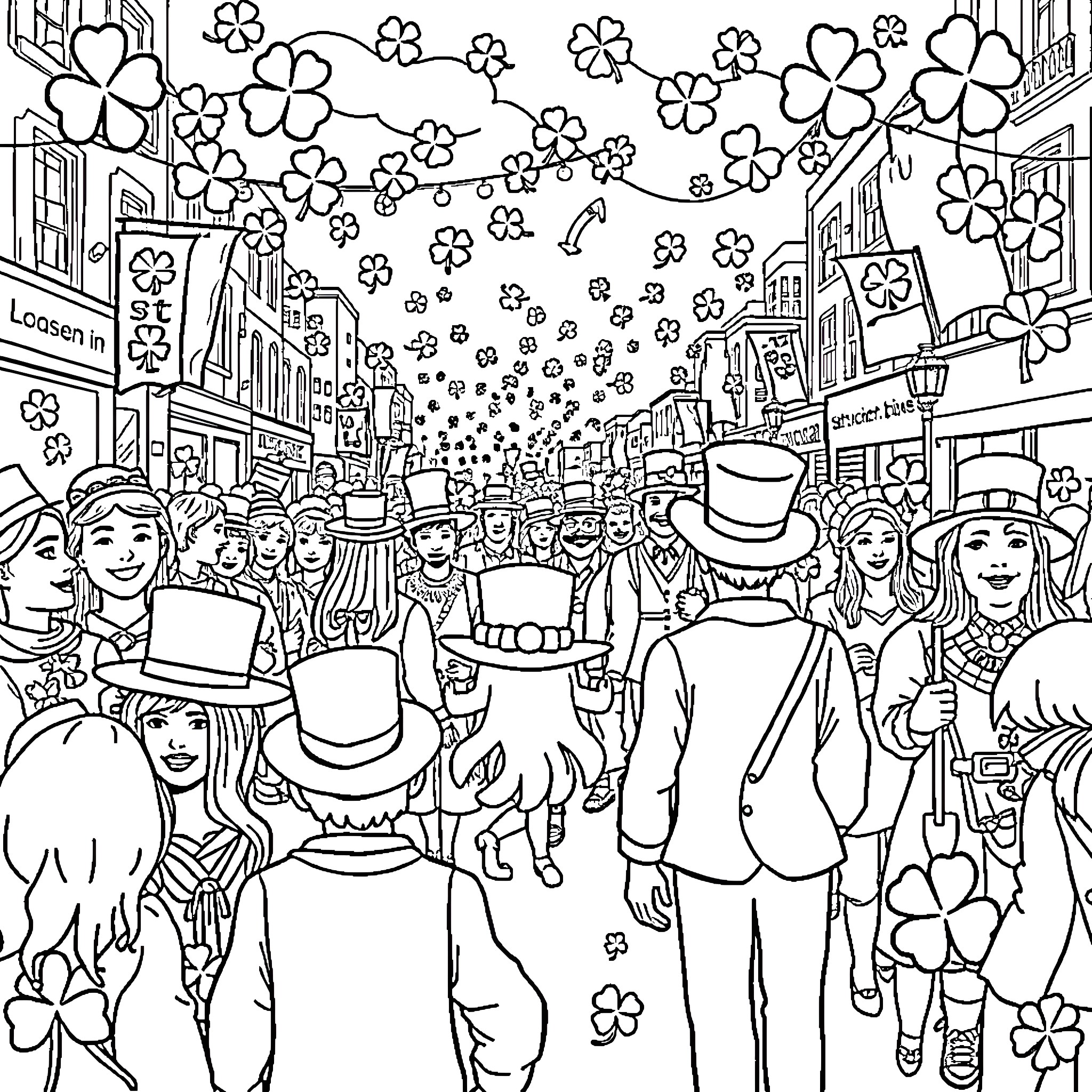 St Patrick's Day Celebration in the Lively City Street Coloring Page (free black-and-white line drawing printable PDF for all, from beginners to advanced learners, including children, teens, adults, and seniors)