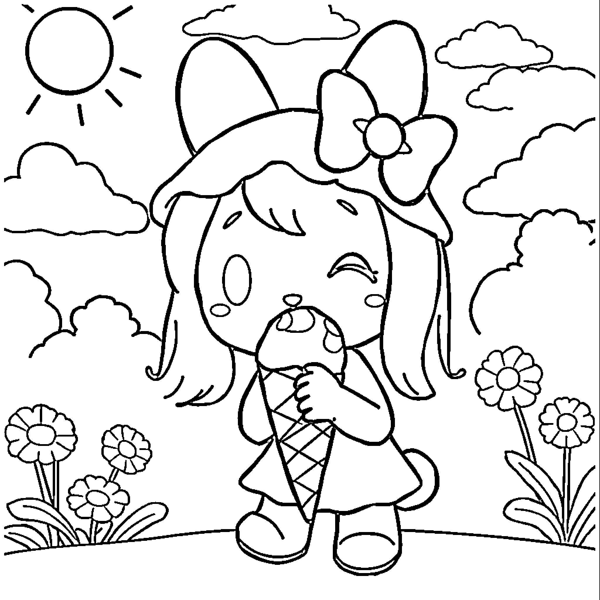 My Melody Enjoying a Sunny Day in the Meadow Coloring Page (free black-and-white line drawing printable PDF for all, from beginners to advanced learners, including children, teens, adults, and seniors)