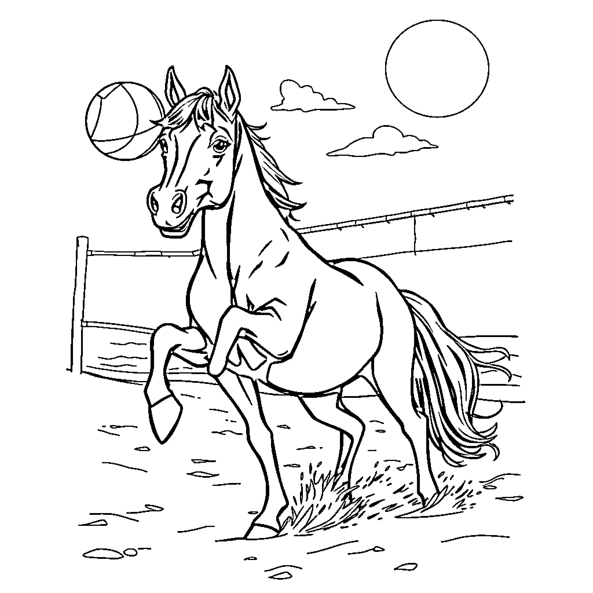 Horse playfully galloping in the countryside Coloring Page (free black-and-white line drawing printable PDF for all, from beginners to advanced learners, including children, teens, adults, and seniors)