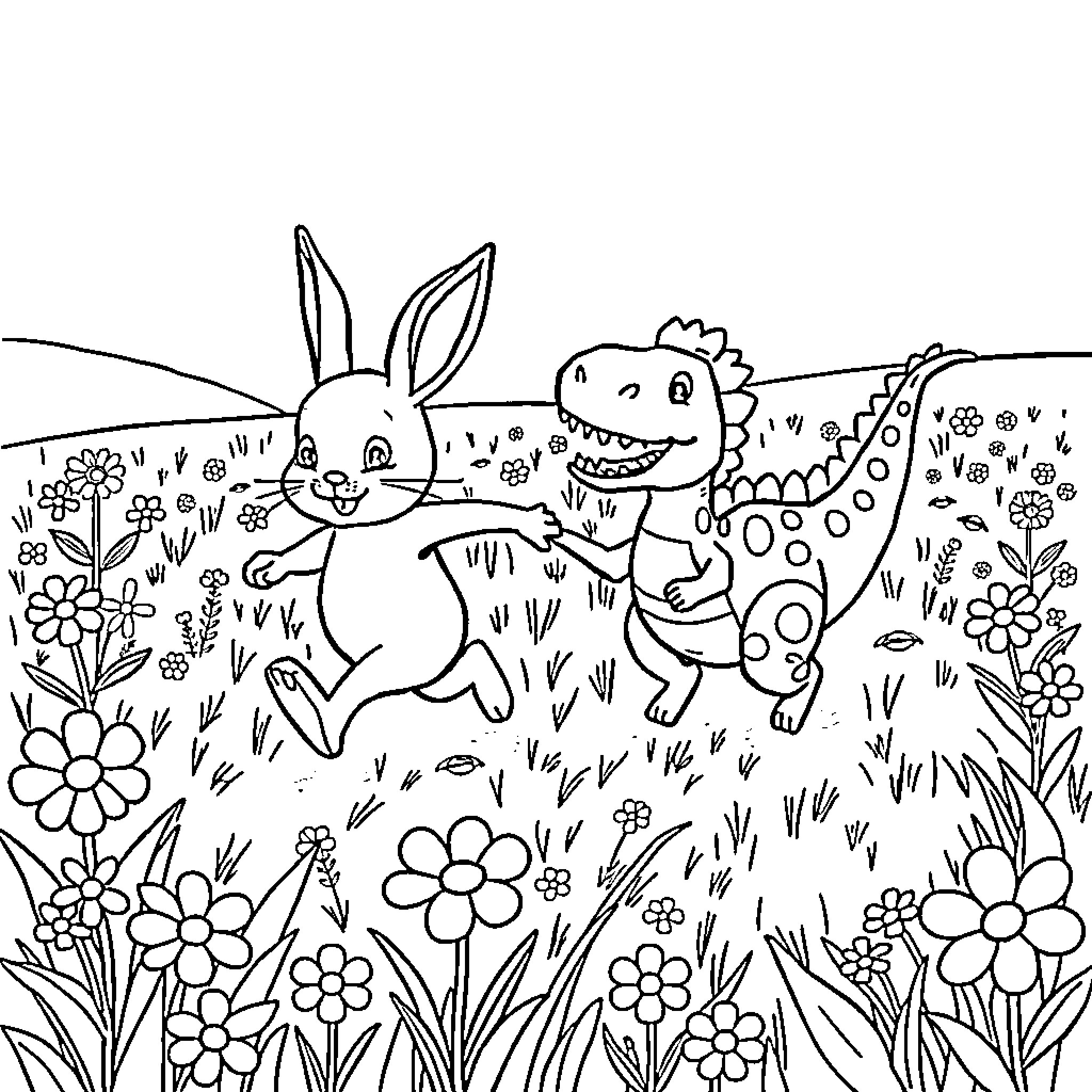 Bunny and dinosaur playing in the garden Coloring Page (free black-and-white line drawing printable PDF for all, from beginners to advanced learners, including children, teens, adults, and seniors)