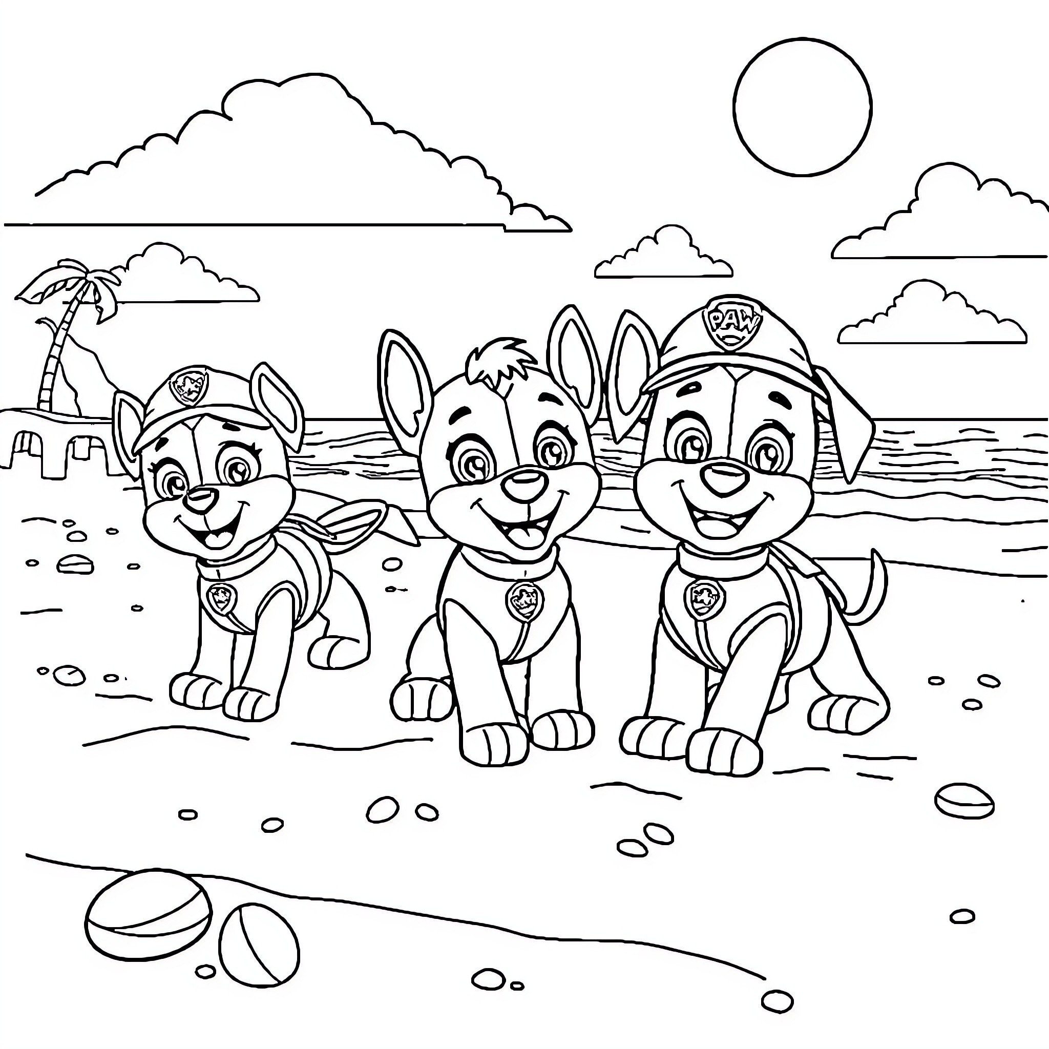 Paw Patrol puppies on the beach adventure Coloring Page (free black-and-white line drawing printable PDF for all, from beginners to advanced learners, including children, teens, adults, and seniors)