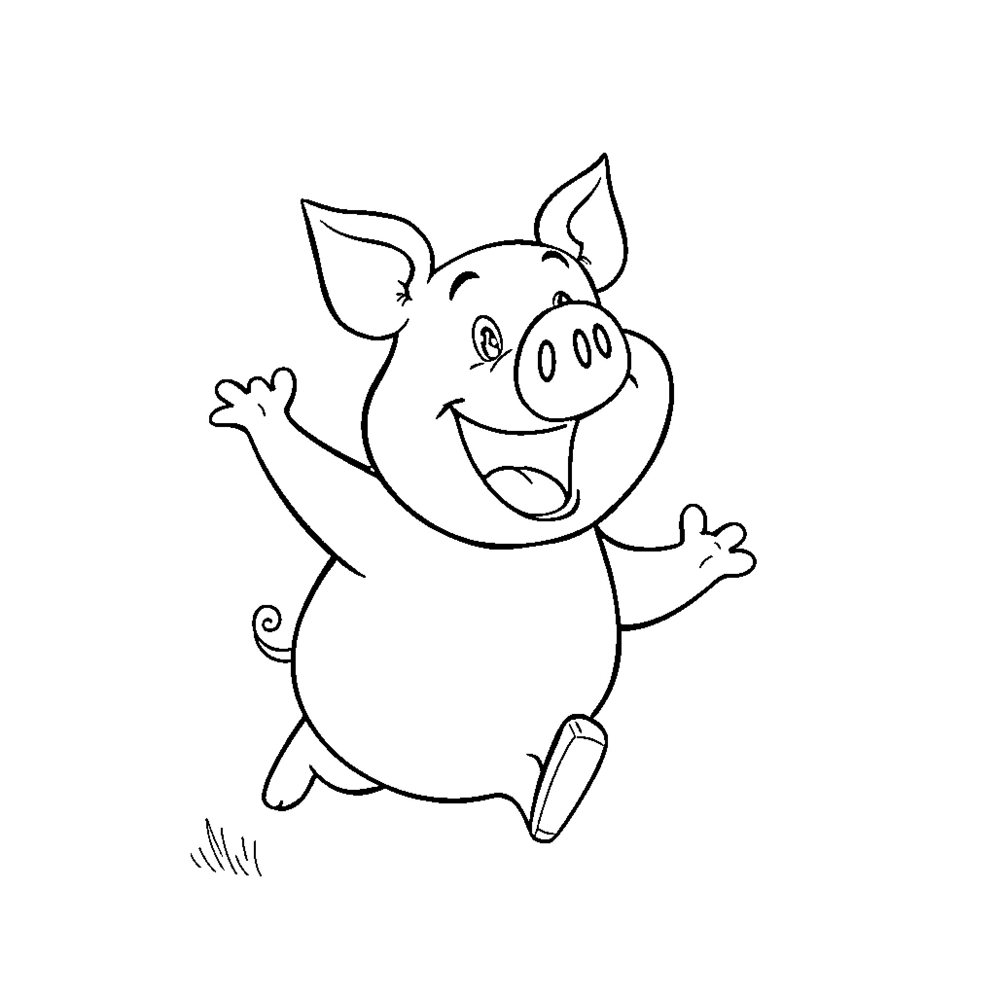 Porky Pig happily jumping and waving Coloring Page (free black-and-white line drawing printable PDF for all, from beginners to advanced learners, including children, teens, adults, and seniors)