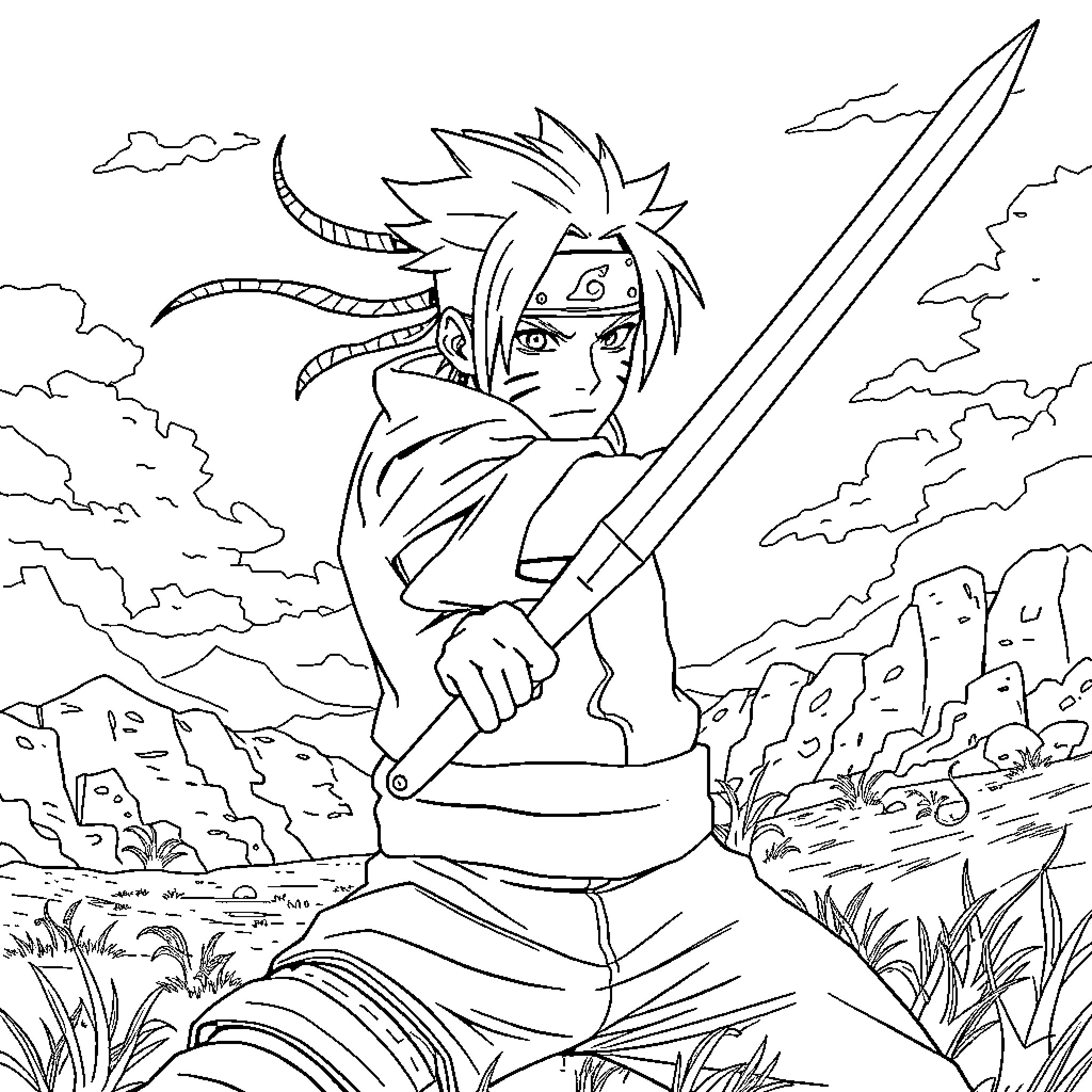 Naruto Ninja on a Mission in the Wilderness Coloring Page (free black-and-white line drawing printable PDF for all, from beginners to advanced learners, including children, teens, adults, and seniors)