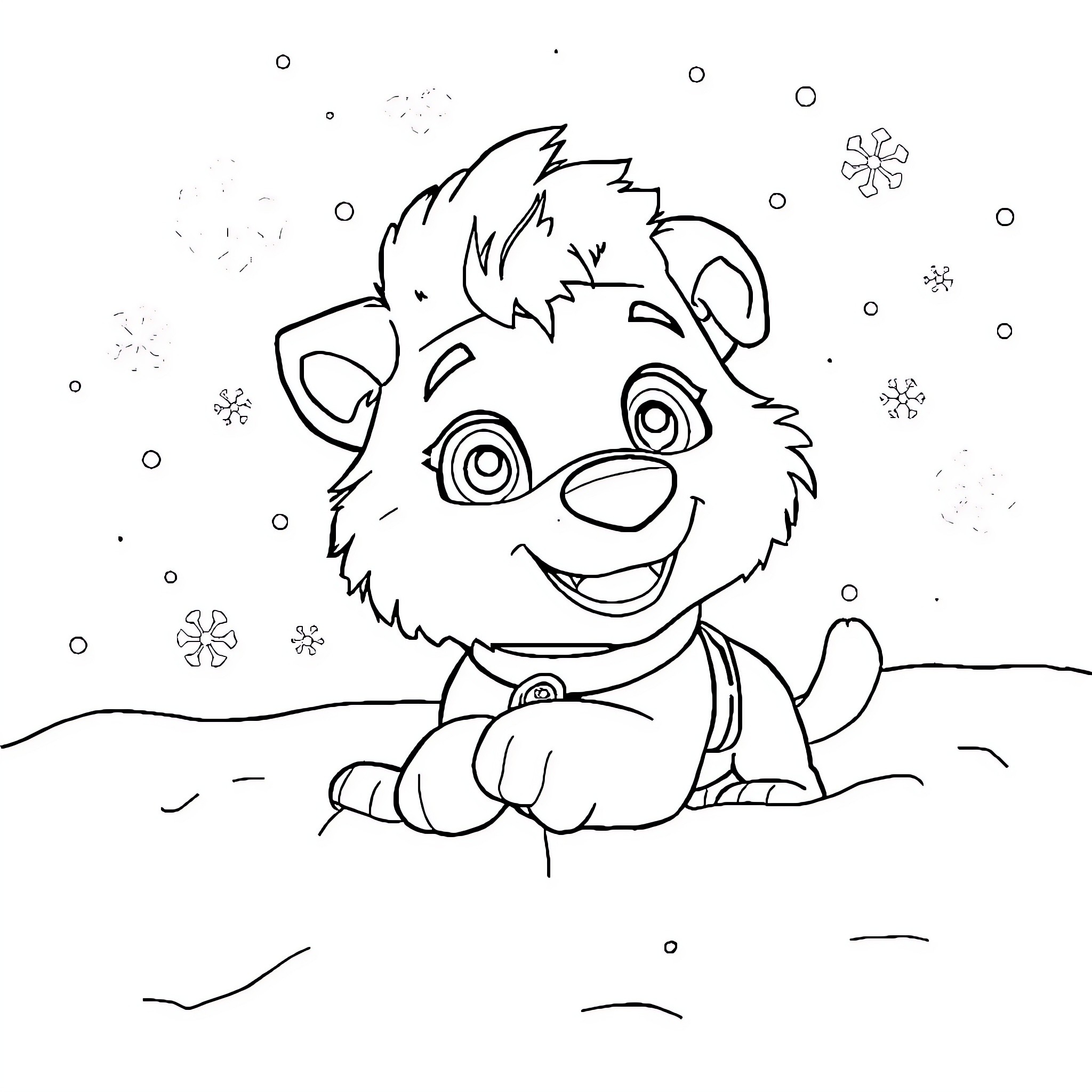 Everest the playful puppy in the snowy scene Coloring Page (free black-and-white line drawing printable PDF for all, from beginners to advanced learners, including children, teens, adults, and seniors)
