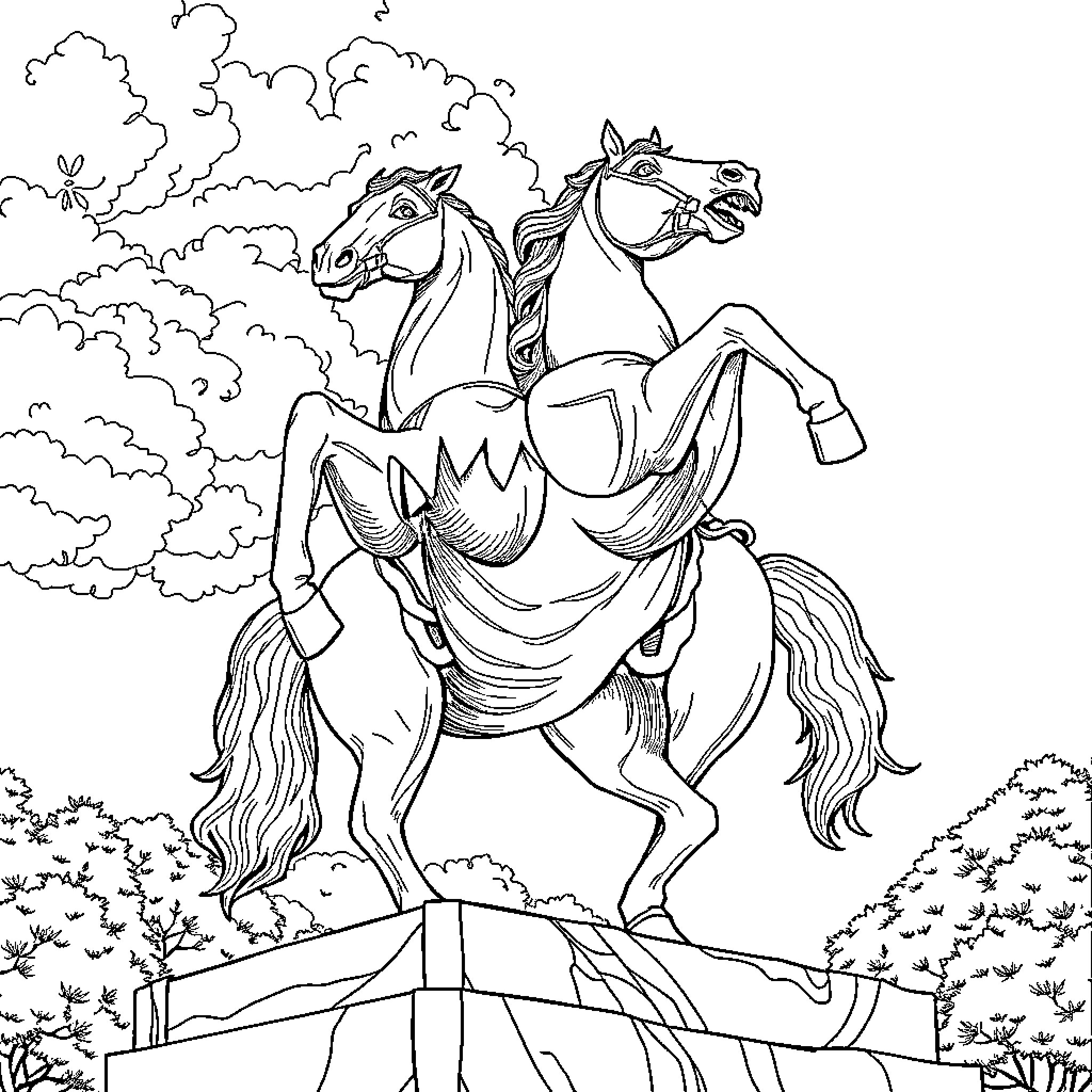 Horses performing circus-style tricks in the forest Coloring Page (free black-and-white line drawing printable PDF for all, from beginners to advanced learners, including children, teens, adults, and seniors)