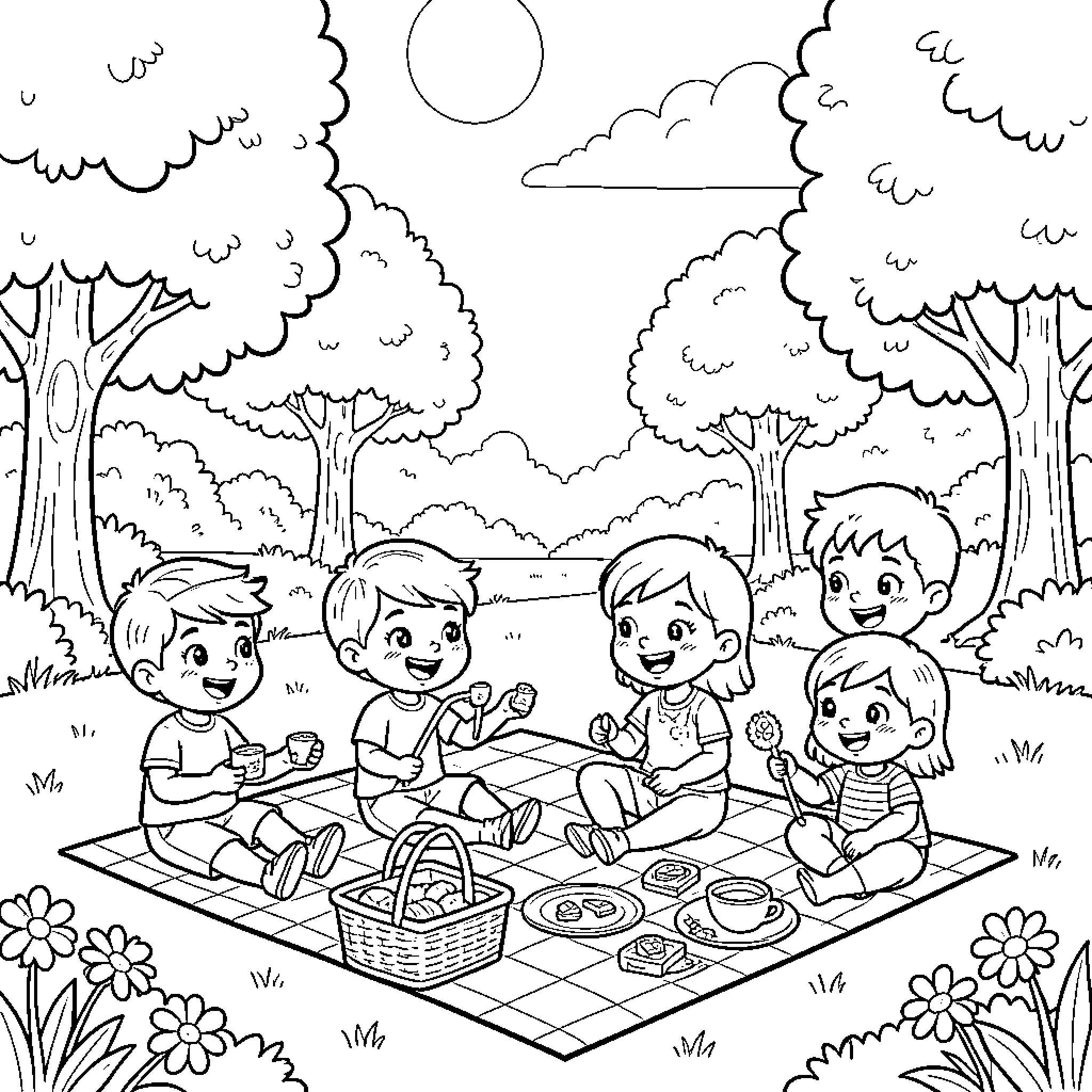 Family enjoying a picnic together in the park Coloring Page (free black-and-white line drawing printable PDF for all, from beginners to advanced learners, including children, teens, adults, and seniors)