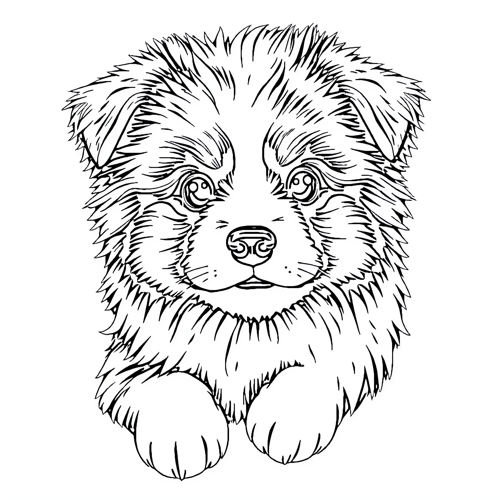 Shetland Sheepdog puppy in black and white Coloring Page (free black-and-white line drawing printable PDF for all, from beginners to advanced learners, including children, teens, adults, and seniors)