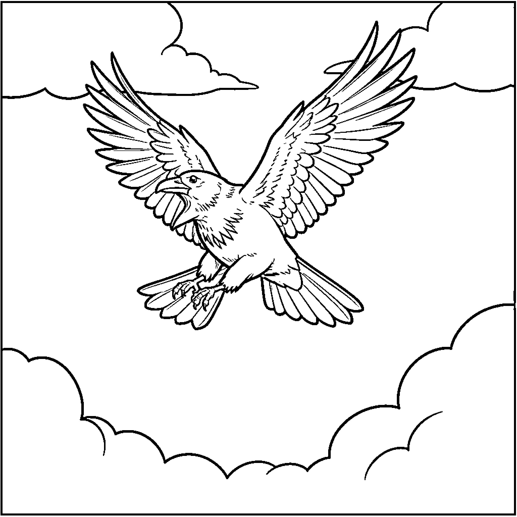 Raven flying through the clouds with open wings Coloring Page (free black-and-white line drawing printable PDF for all, from beginners to advanced learners, including children, teens, adults, and seniors)